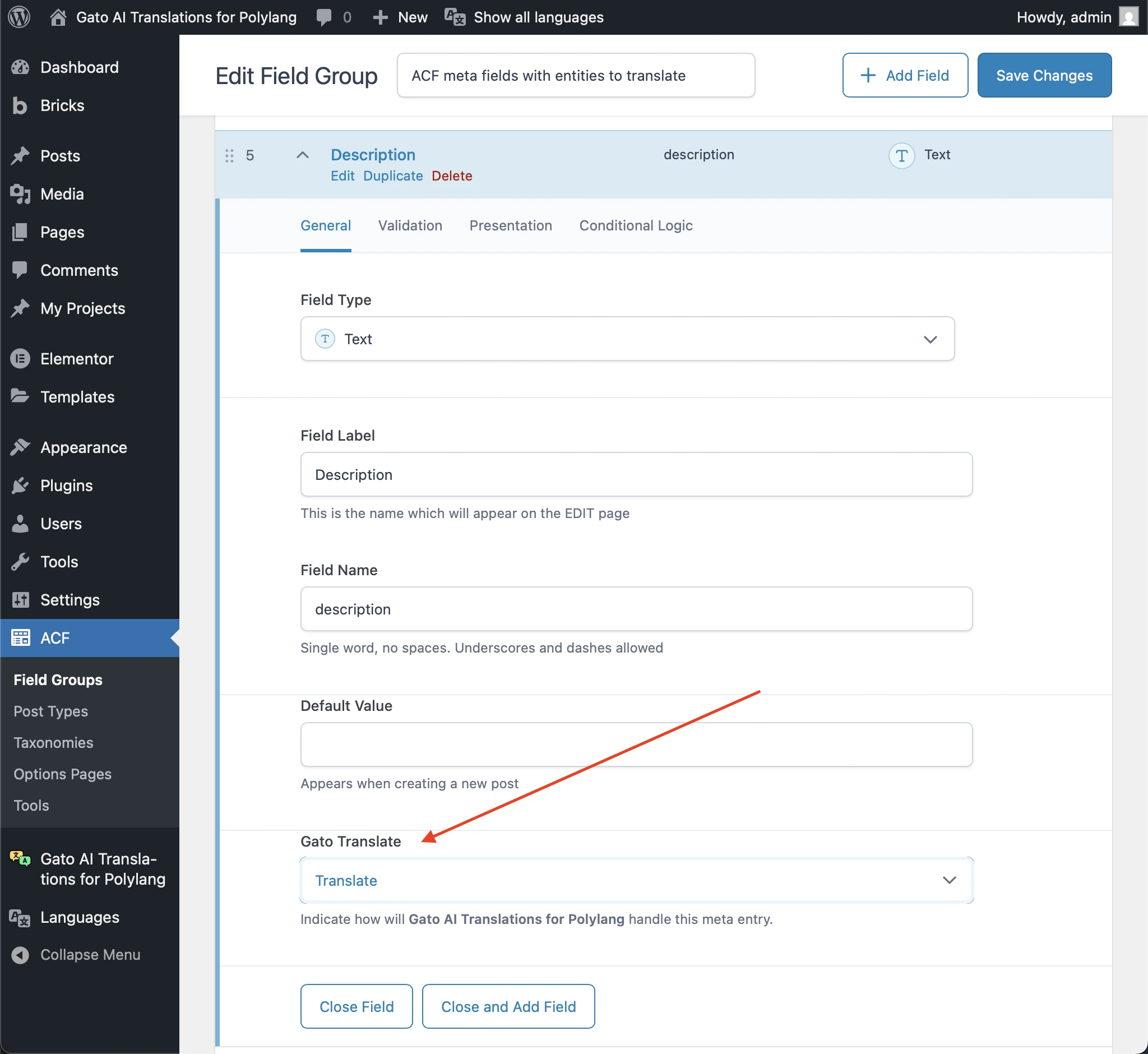 Configurando la sincronización/traducción de un grupo de campos de ACF
