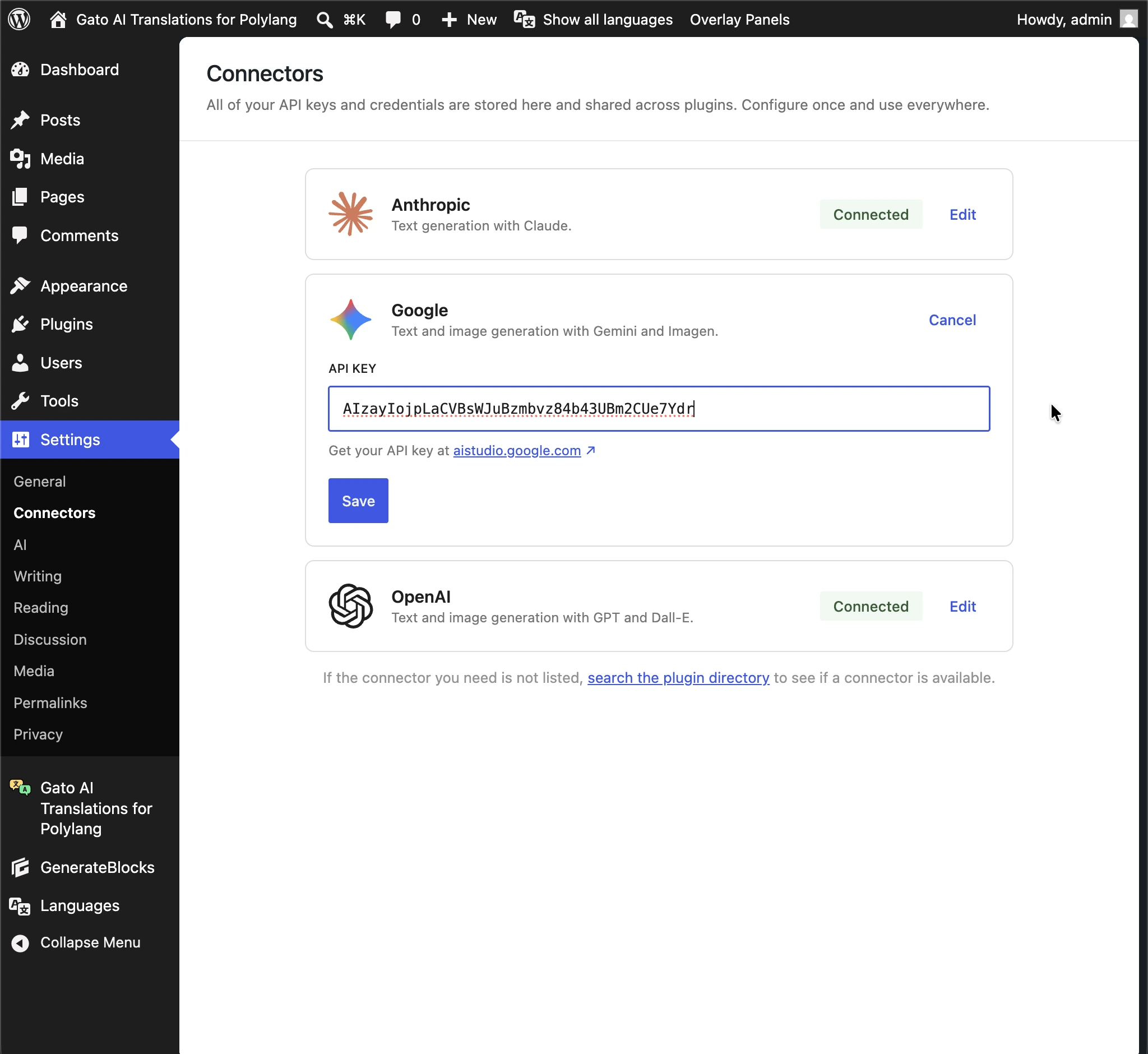 Las claves de API para Anthropic, Google y OpenAI se toman de WordPress AI Connectors