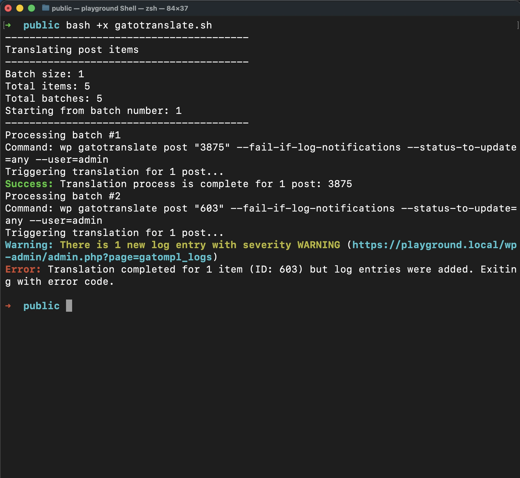 Ejecutando el script 'gatotranslate.sh' con el parámetro '--fail-if-log-notifications'