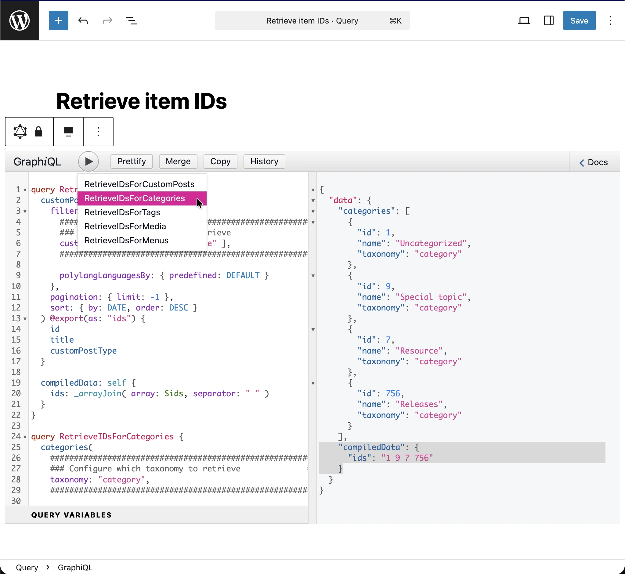 Ejecutando la consulta 'Retrieve item IDs'