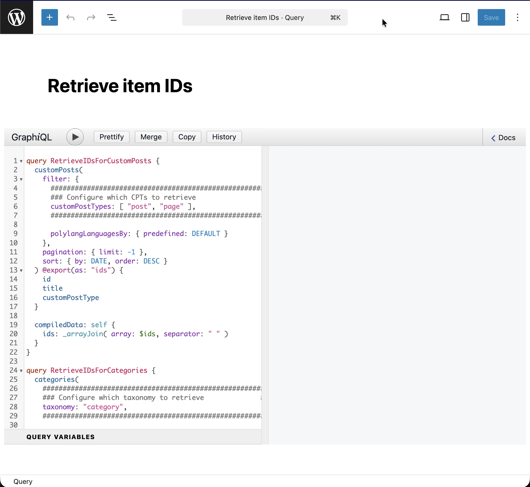 Creando la consulta 'Retrieve item IDs'