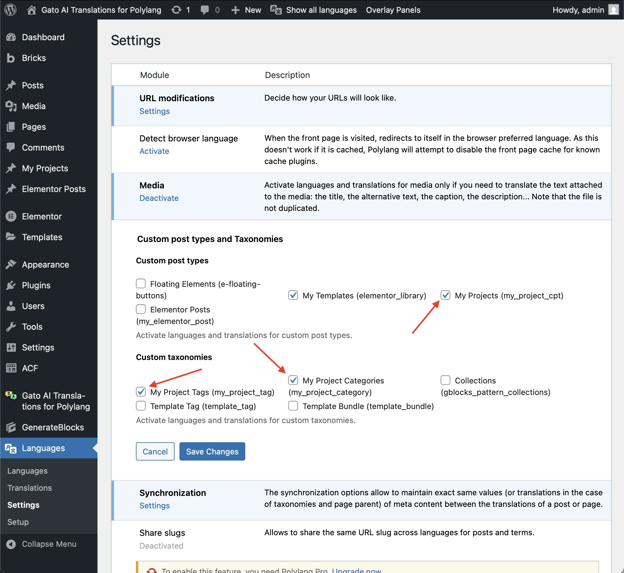 Configurar los CPTs y las taxonomías a traducir