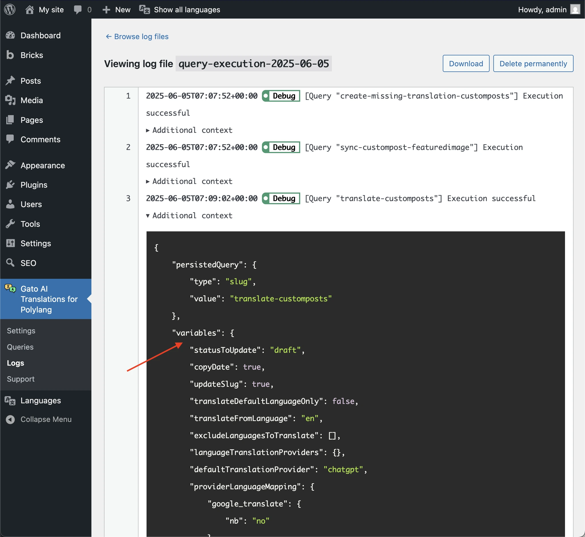 Copiando las variables desde los logs