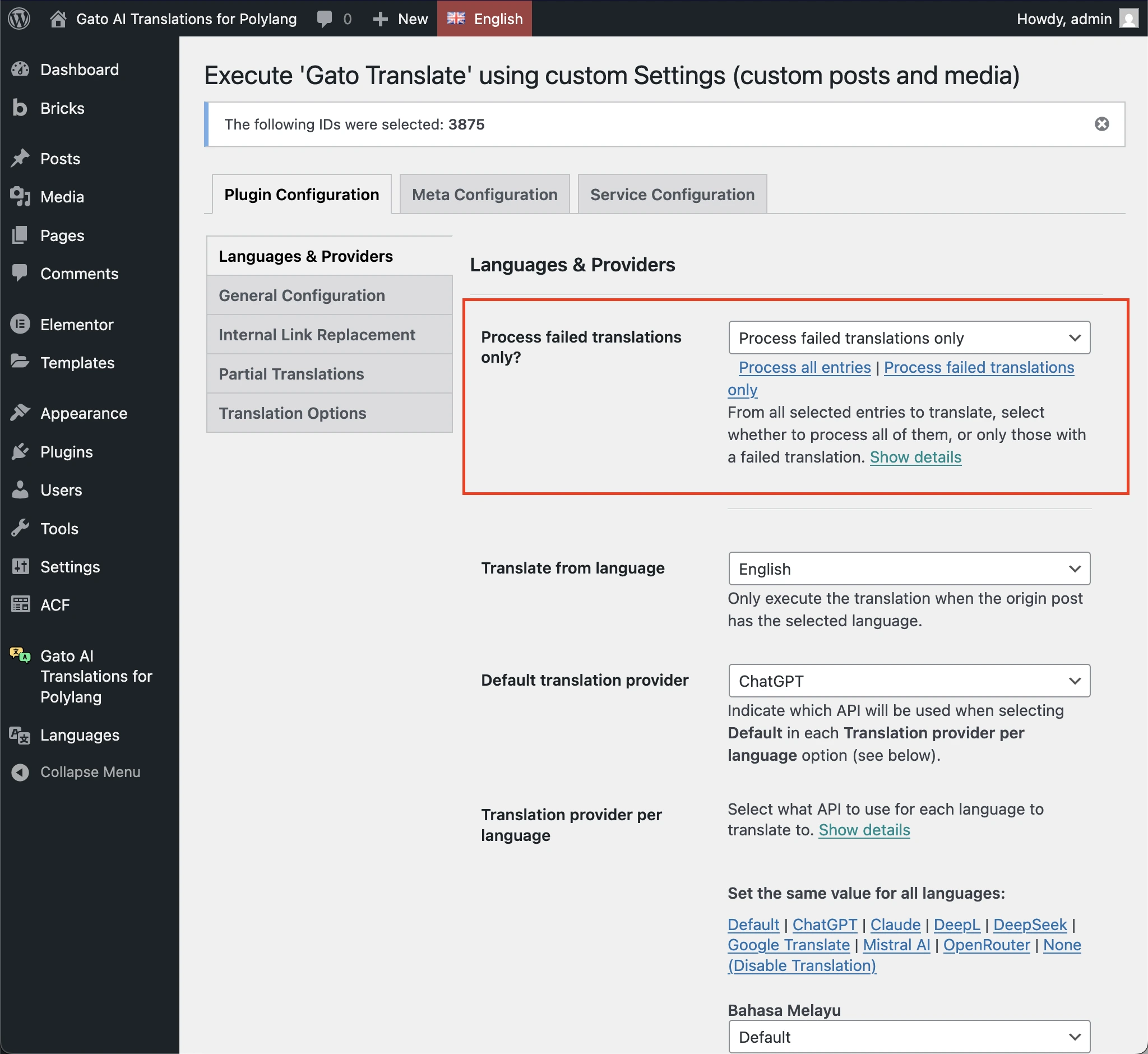 Seleccionando la opción 'Process failed translations only' en la página de Settings de 'Gato Translate (Custom)'