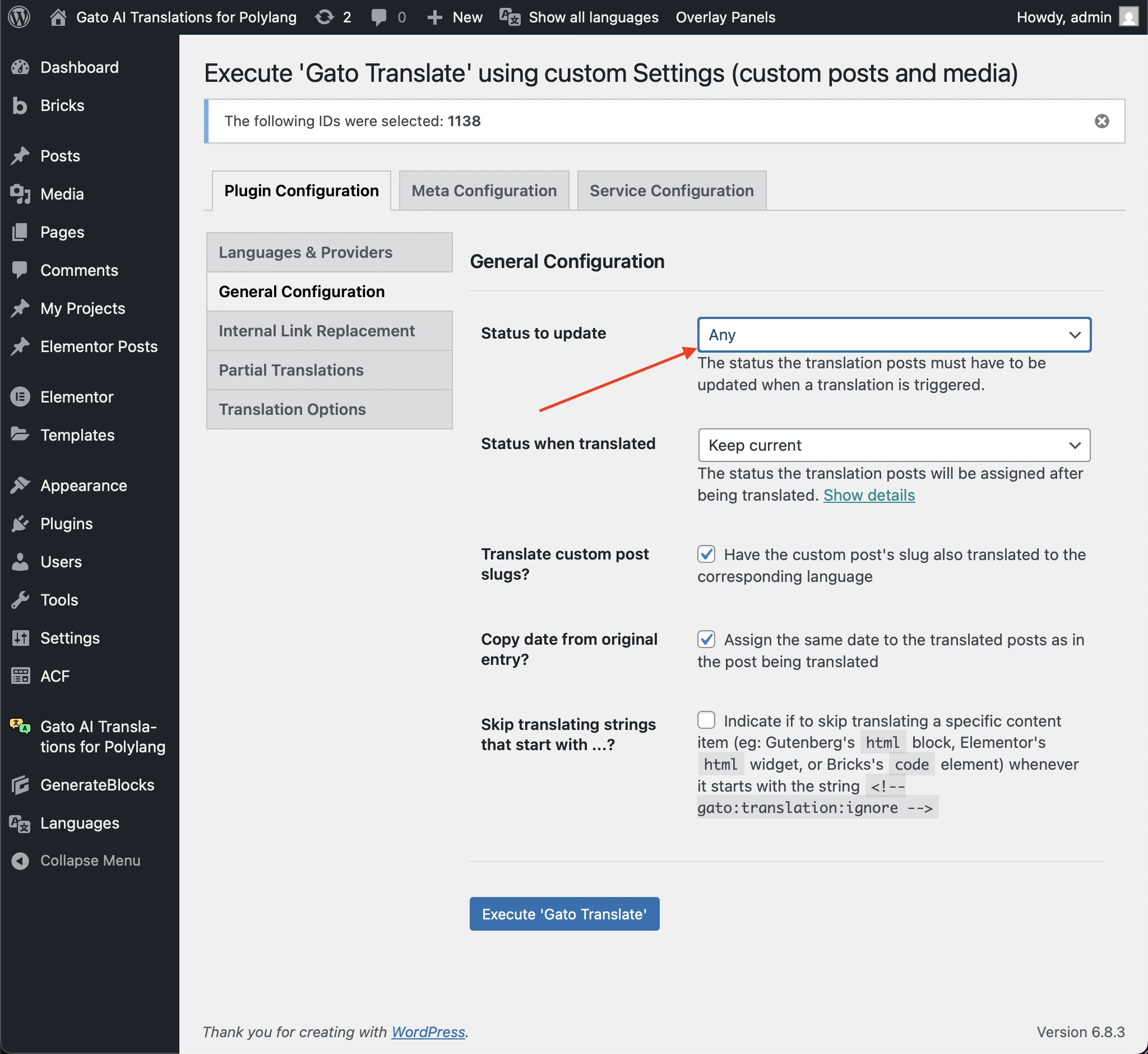 Configurando la opción 'Status to update' en 'Publish' o 'Any'