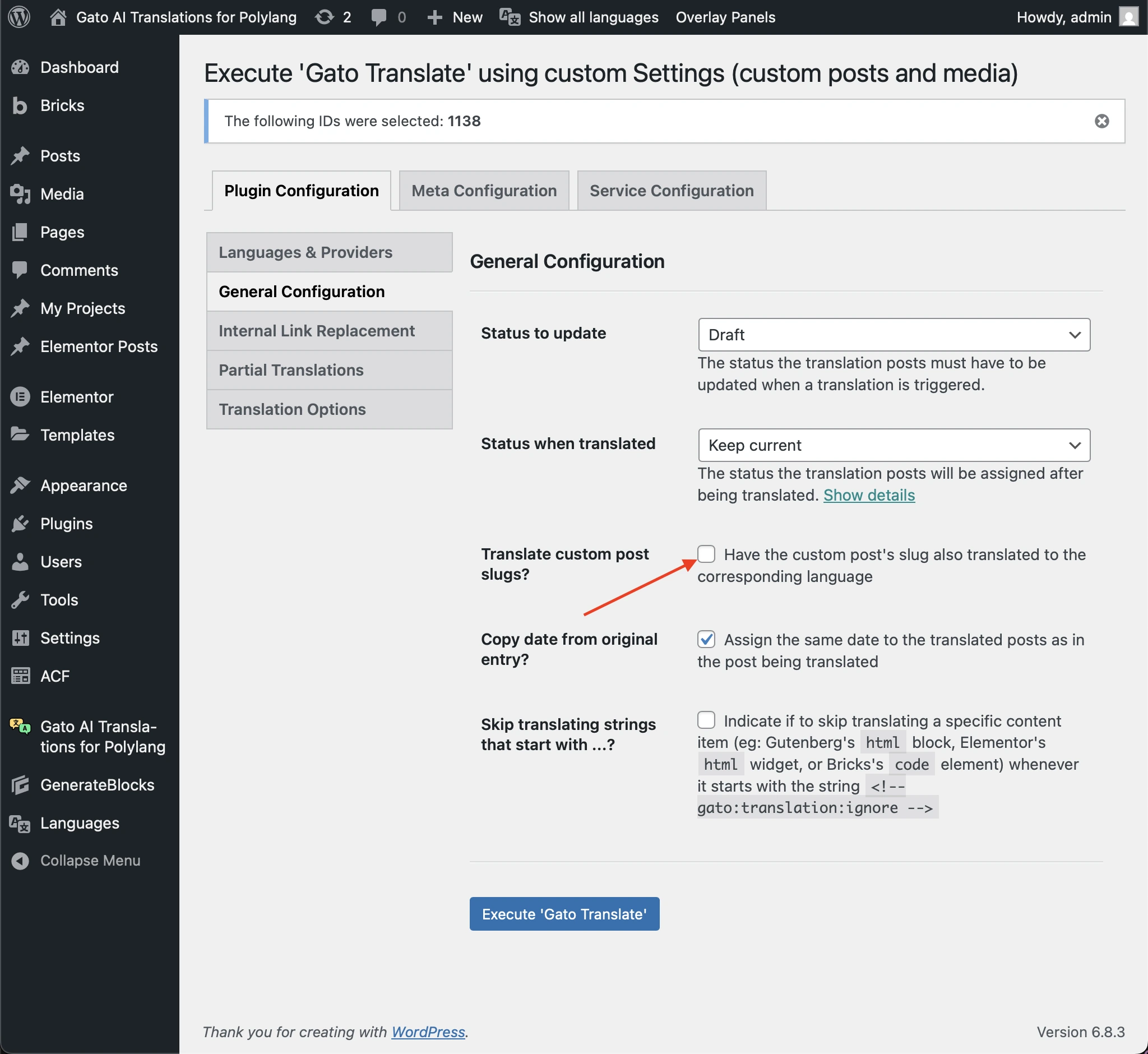Desmarcando la opción 'Translate custom post slugs?'