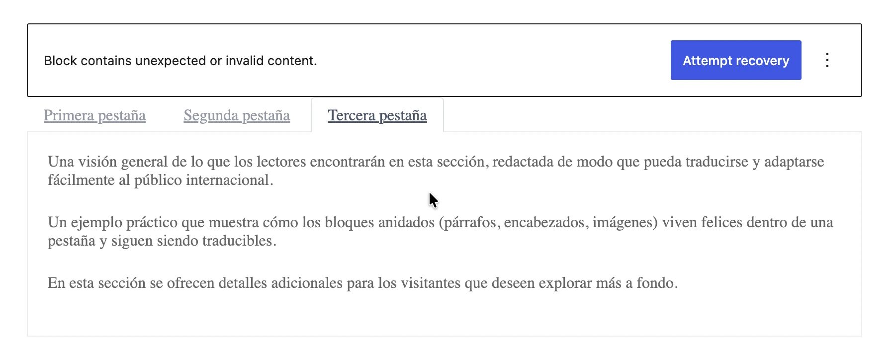 Bloque de pestañas de Kadence traducido mostrando el aviso Attempt Recovery