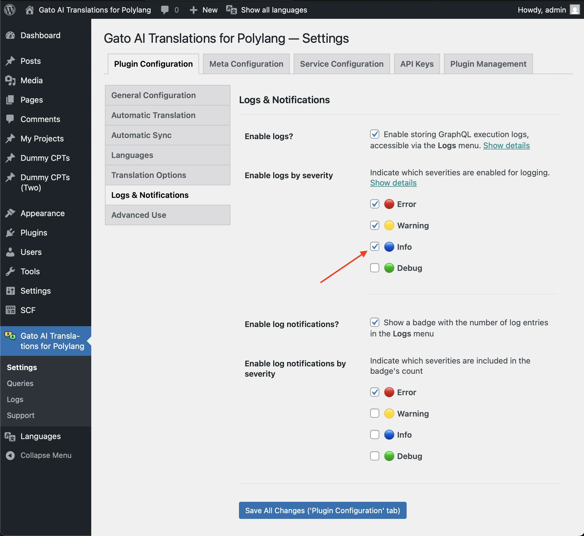 Habilitar la severidad Info en la configuración de Logs & Notifications