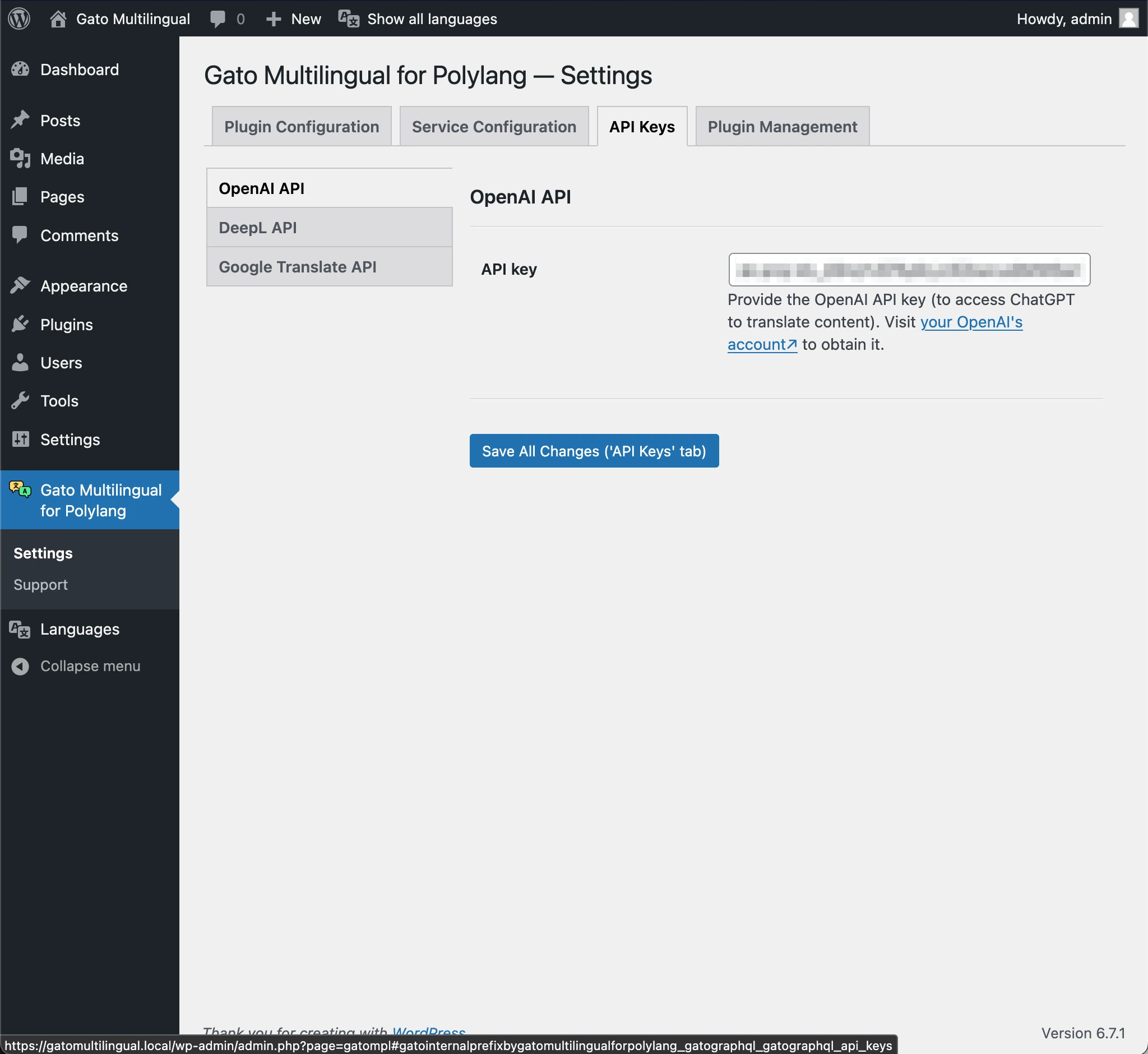 Proporcionar las claves de API en la página de Configuración