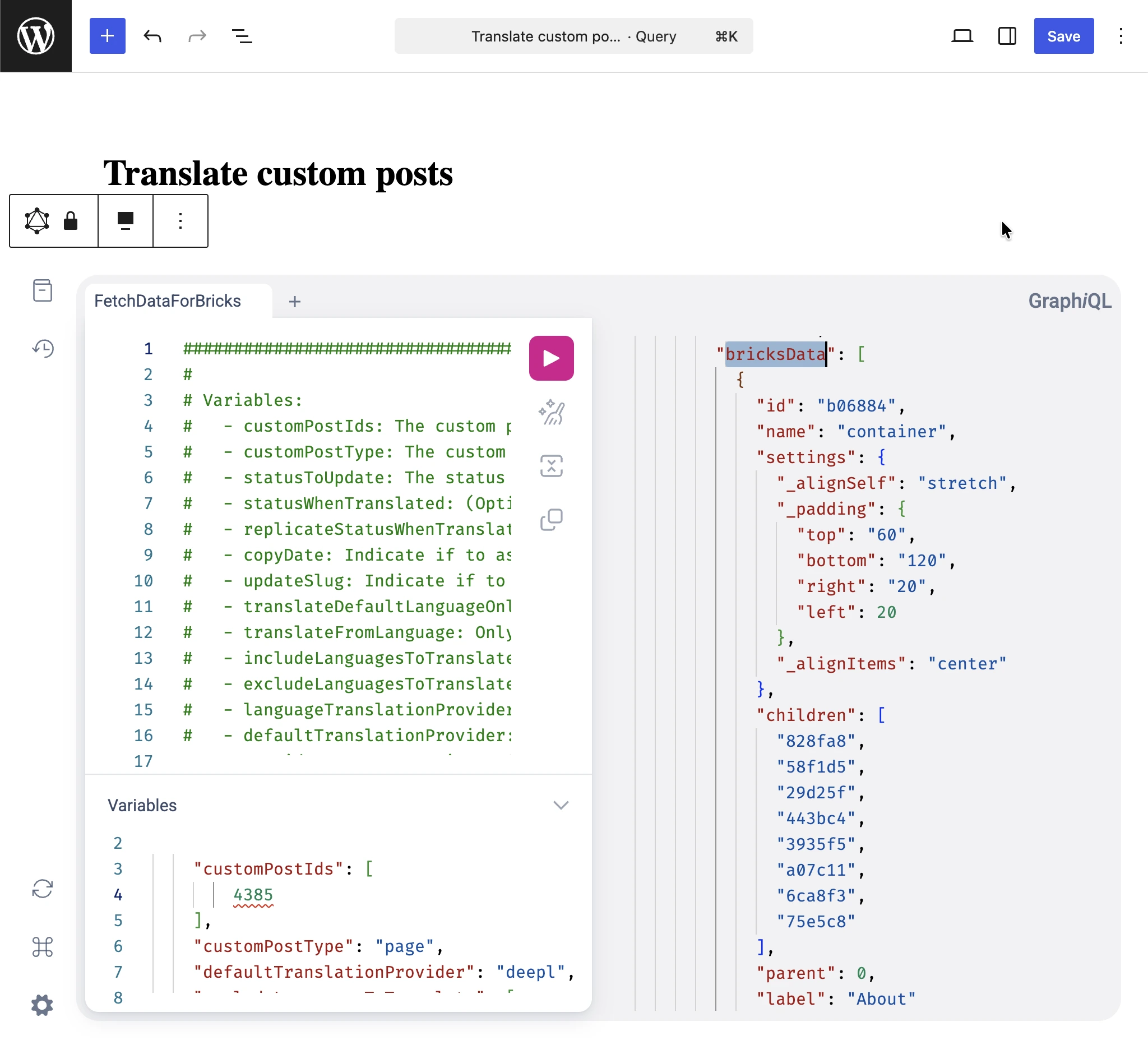 Inspeccionando bricksData en la respuesta GraphQL de Translate custom posts