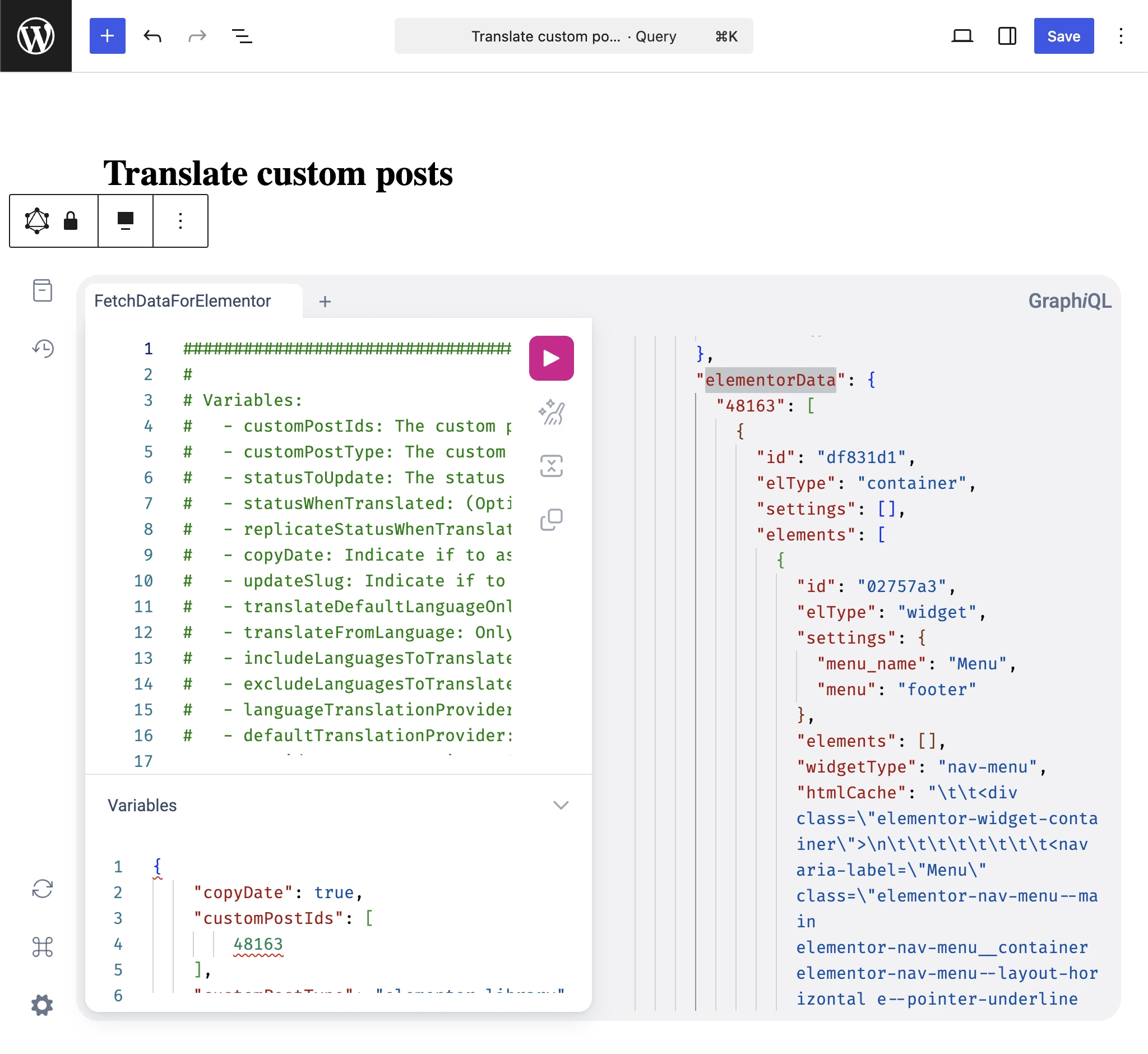 Inspeccionando elementorData en la respuesta GraphQL de Translate custom posts