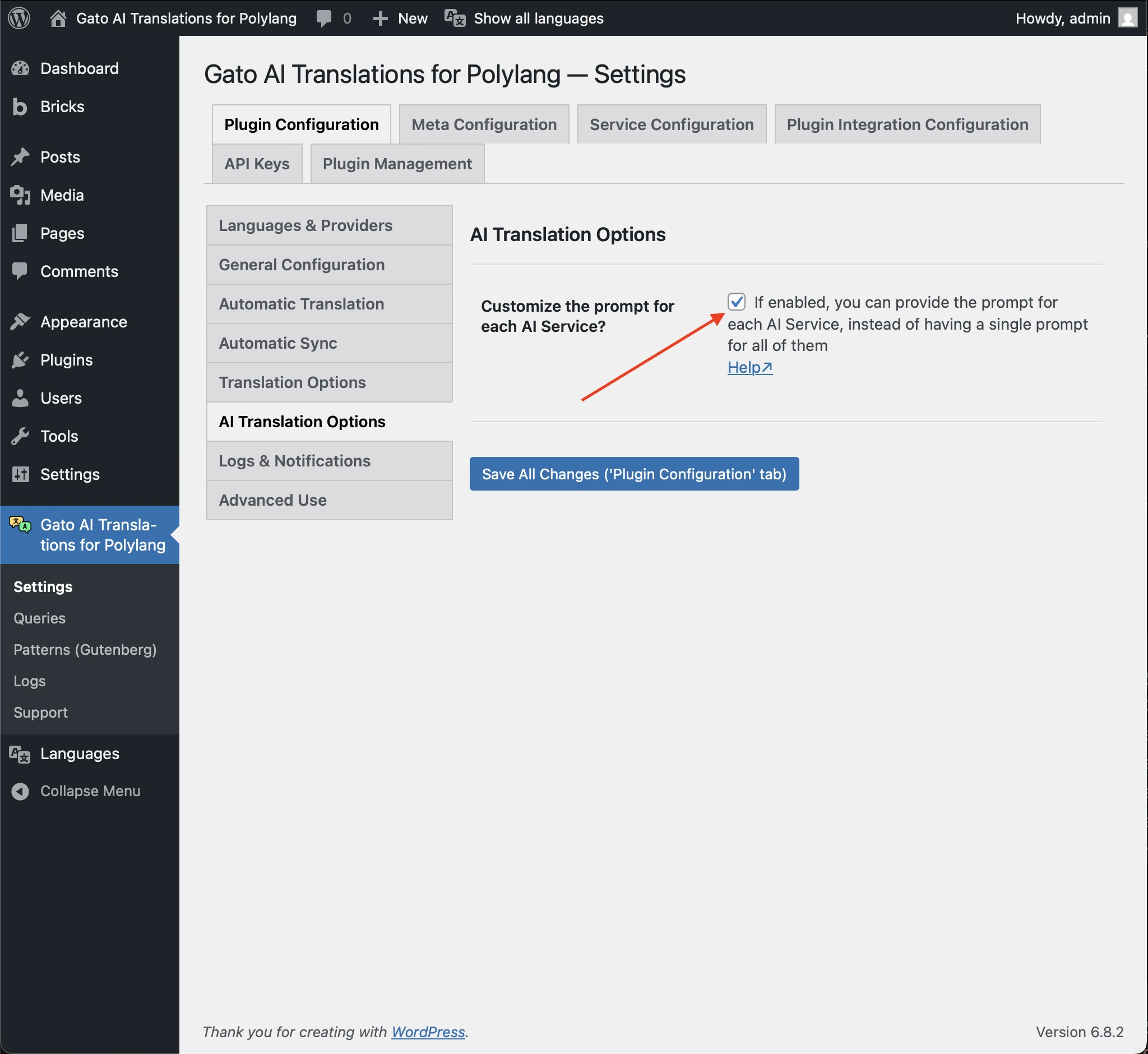 Ajustes de AI Translation Options