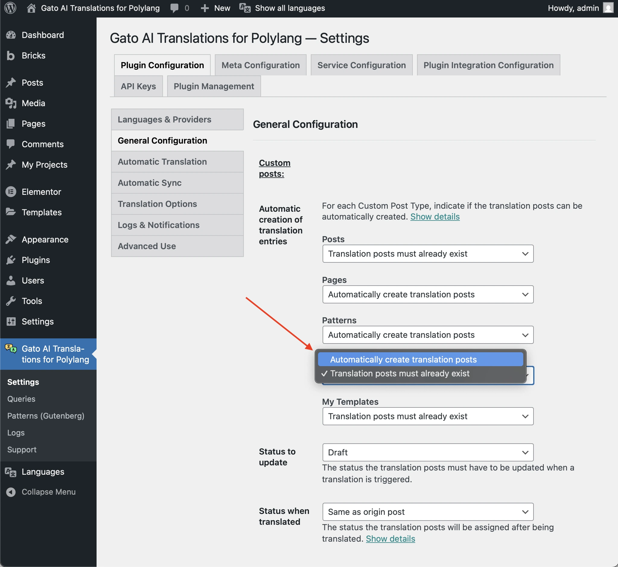 Configurar la opción 'Automatic creation of translation entries'