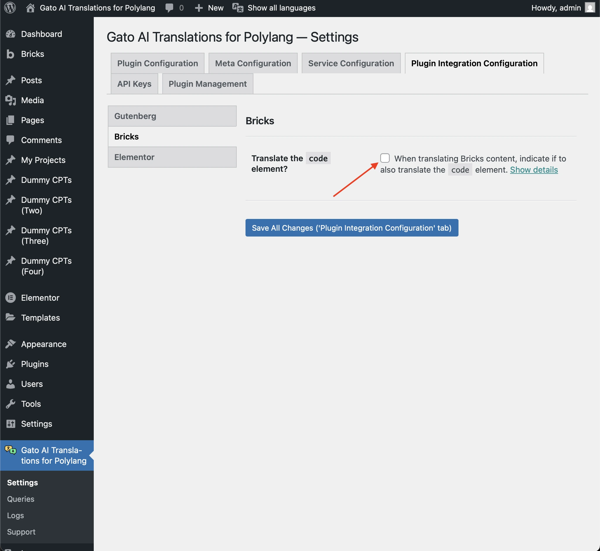 Activar la traducción del elemento Code de Bricks en los ajustes