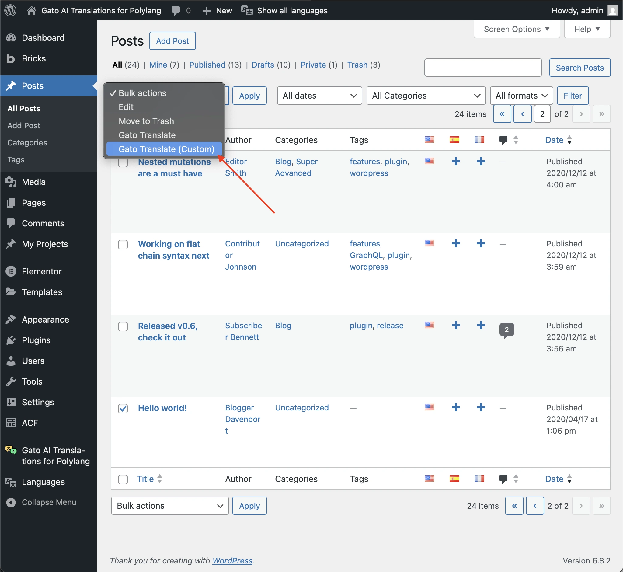 Ejecutar la bulk action Gato Translate (Custom)