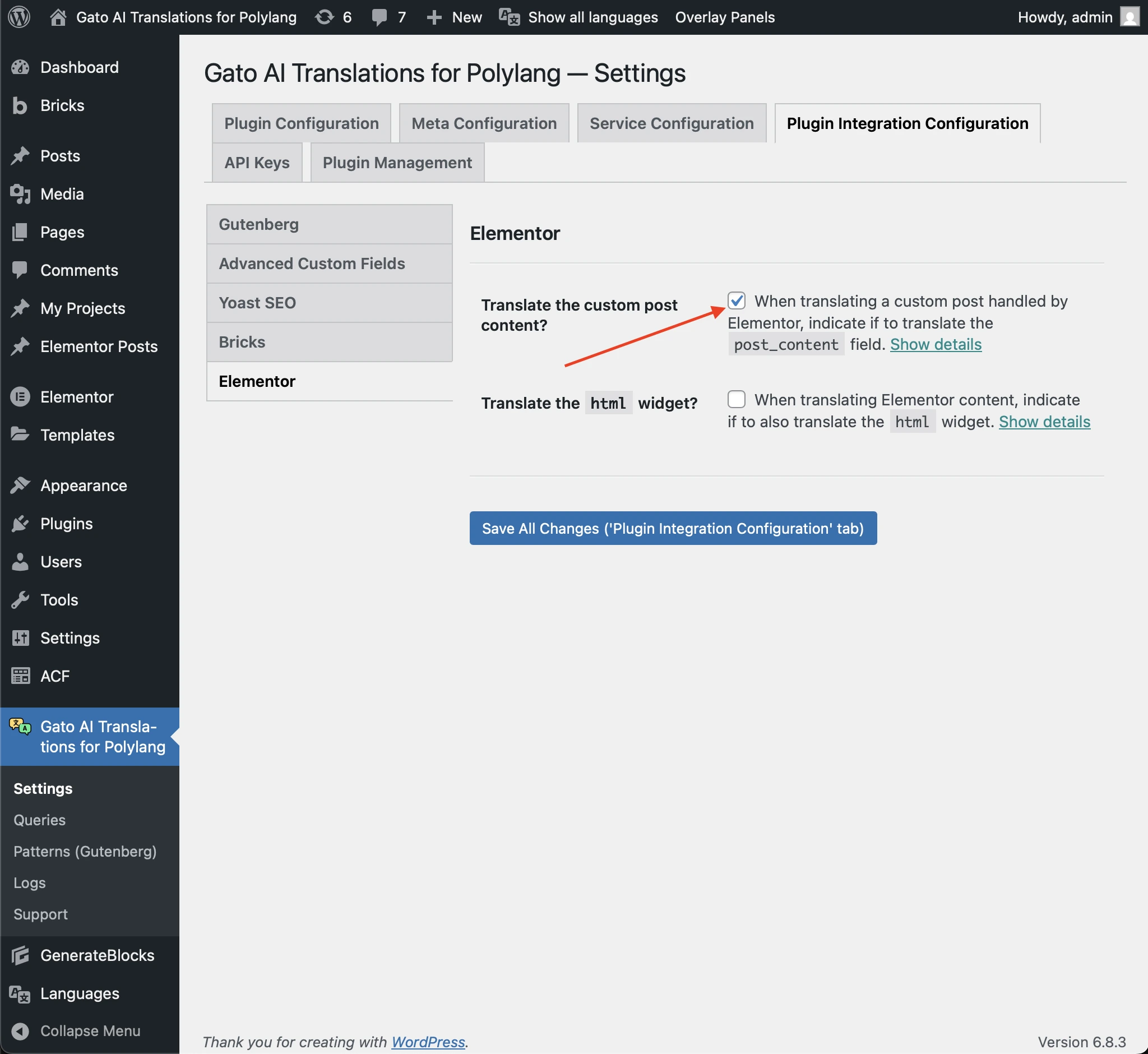 Configuración de la opción 'Translate content' para Elementor