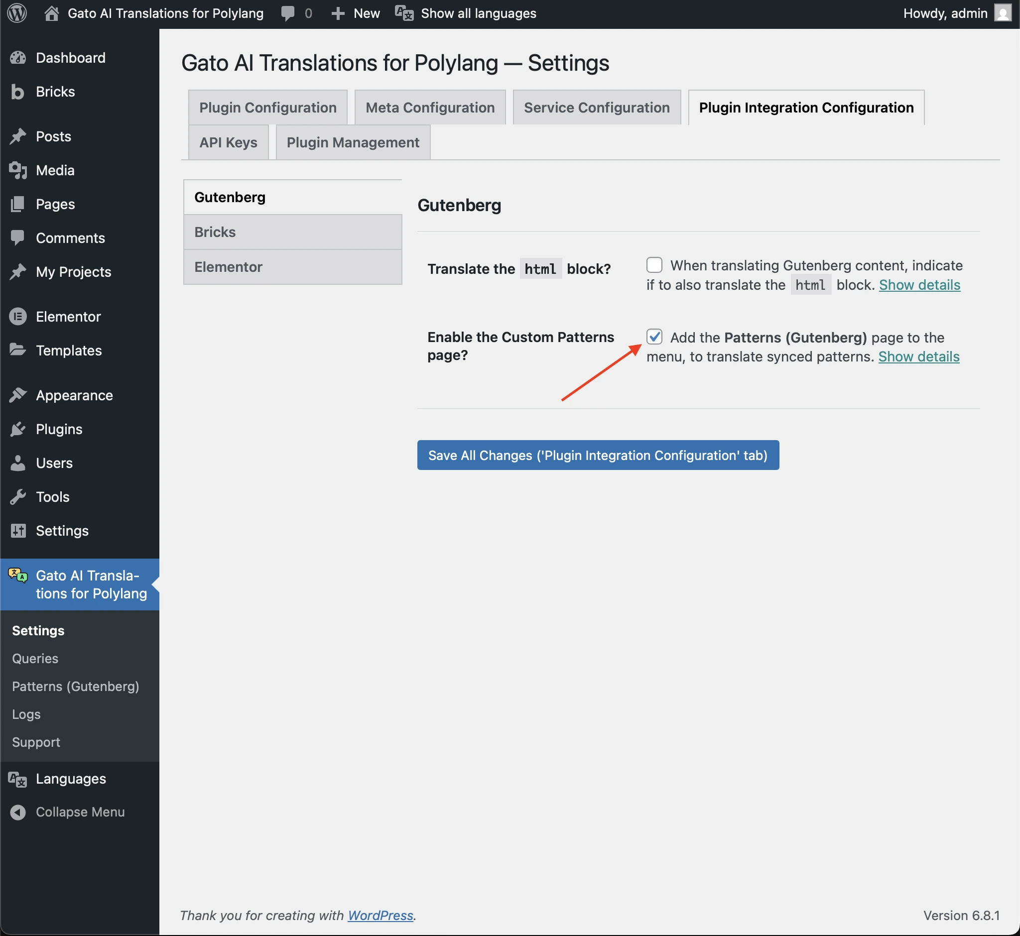 Habilitar la página personalizada de Patterns en Settings