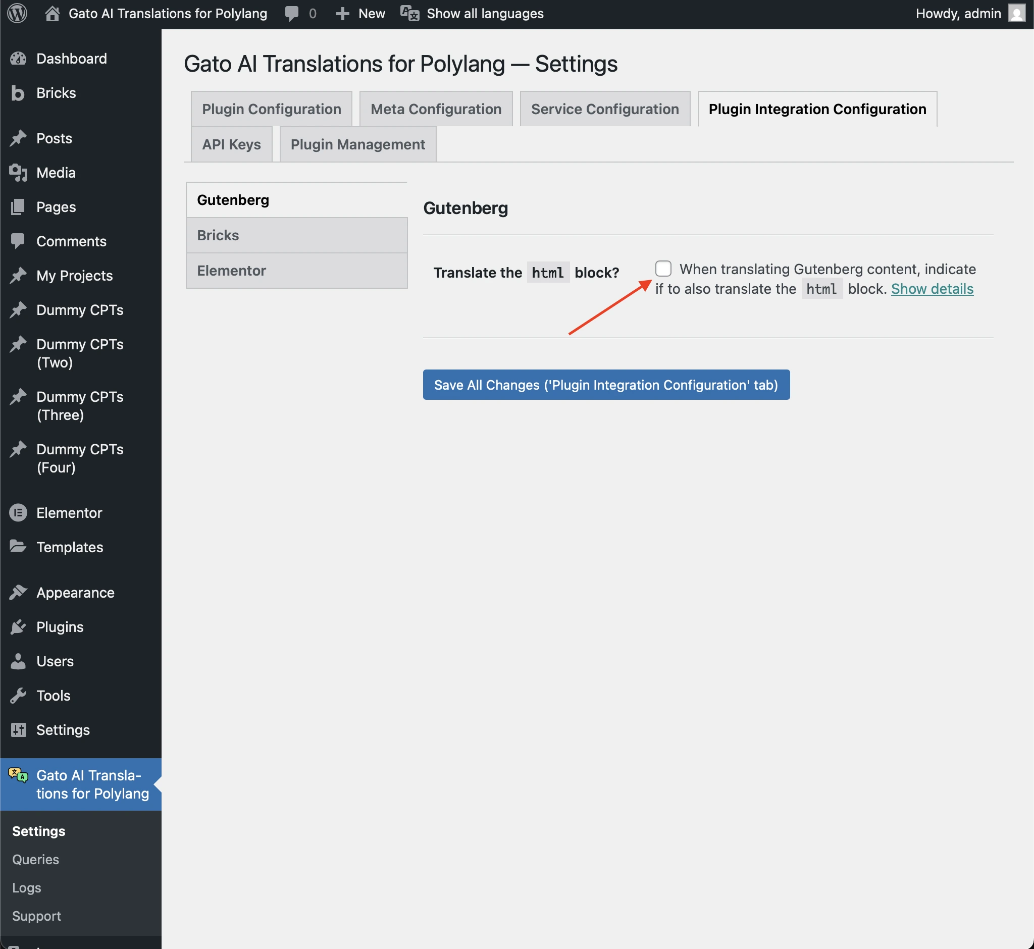 Activar la traducción del bloque HTML de Gutenberg en los ajustes