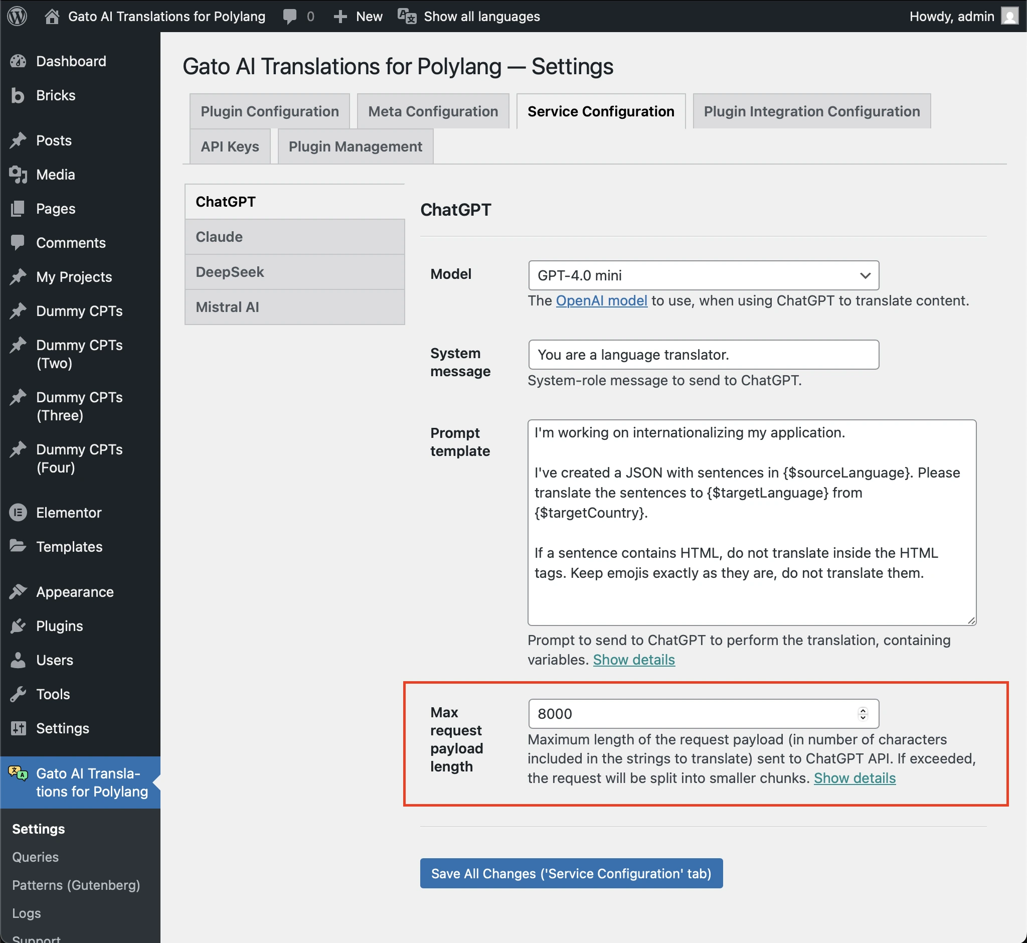 Configuración de la opción 'Max request payload length'