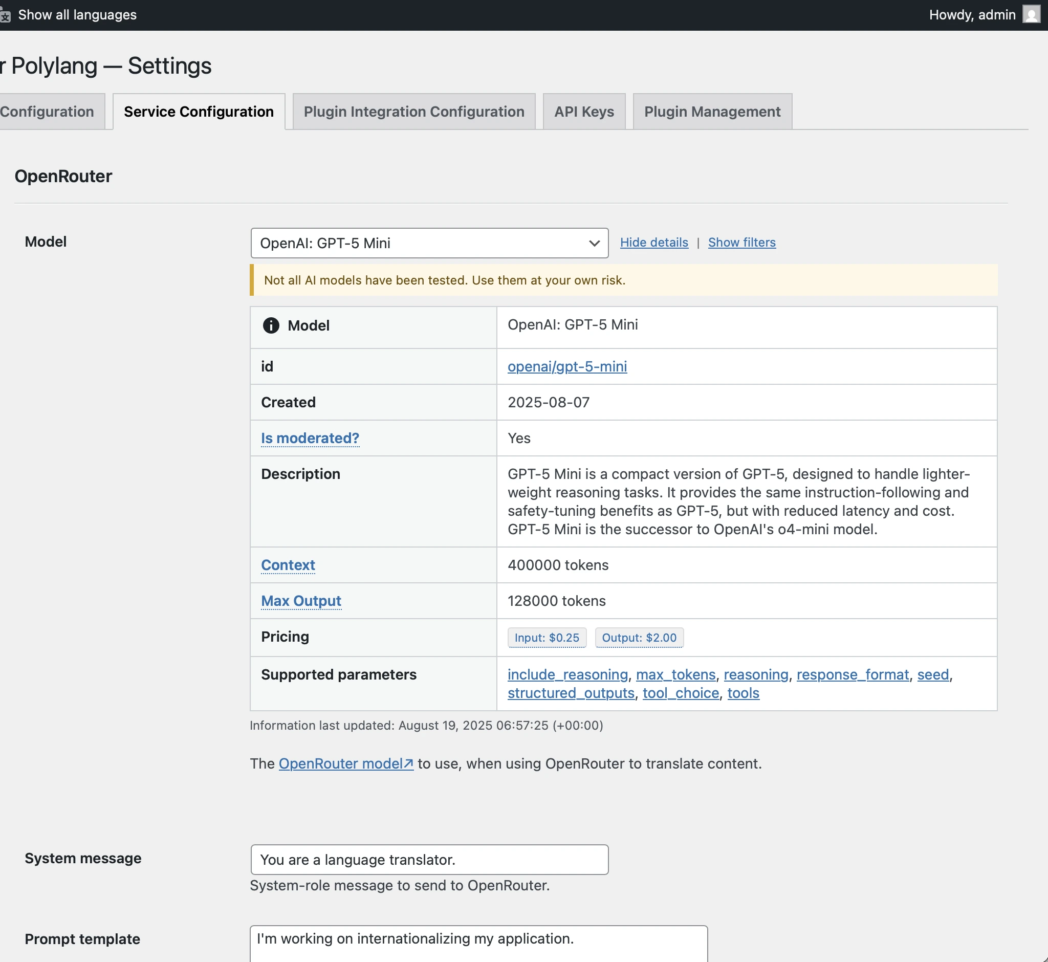 Mostrando los detalles de un modelo de IA disponible en OpenRouter