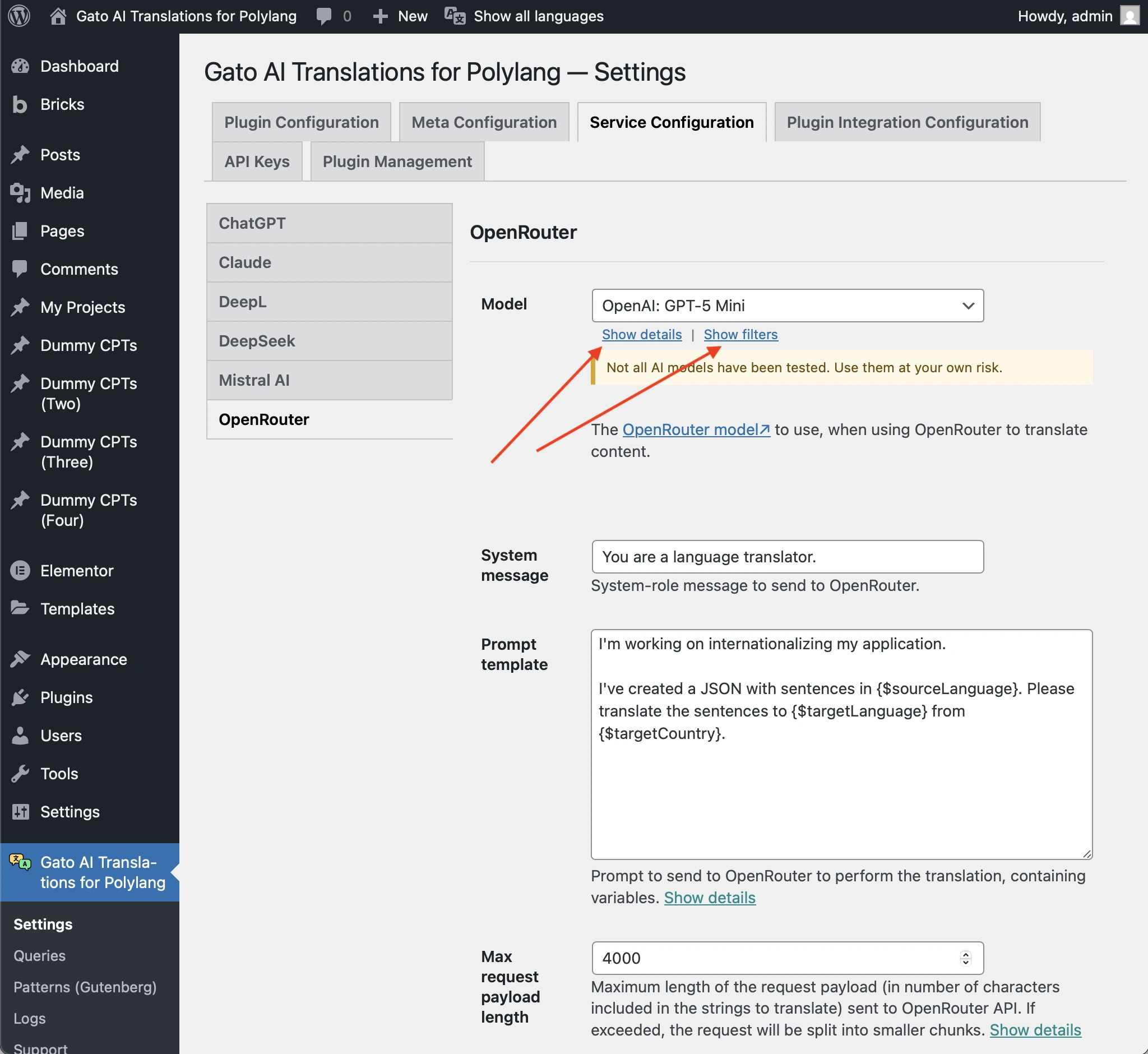 Enlaces para mostrar detalles y filtros de los modelos de IA