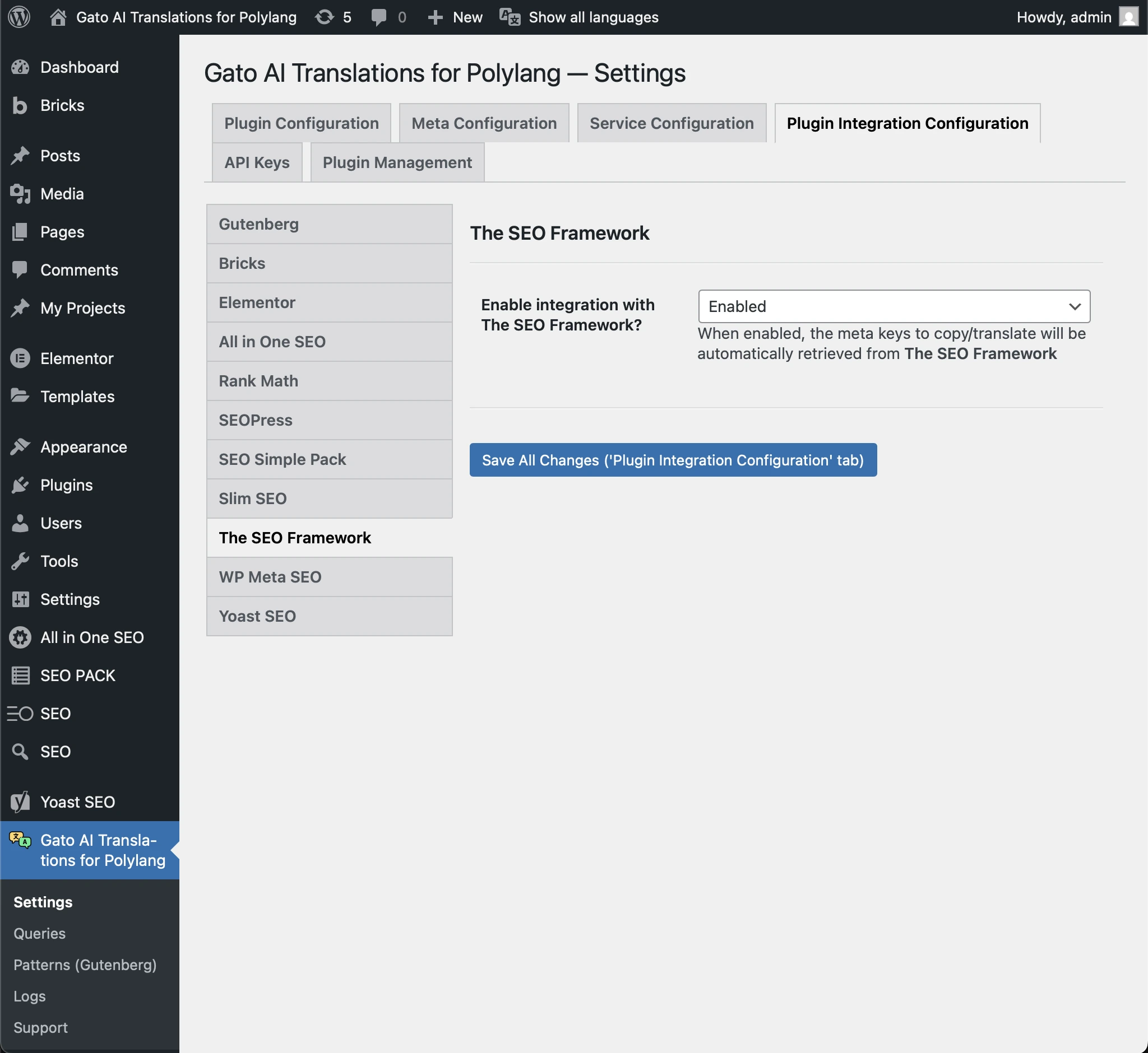 Habilitar/deshabilitar las integraciones con plugins SEO en los ajustes