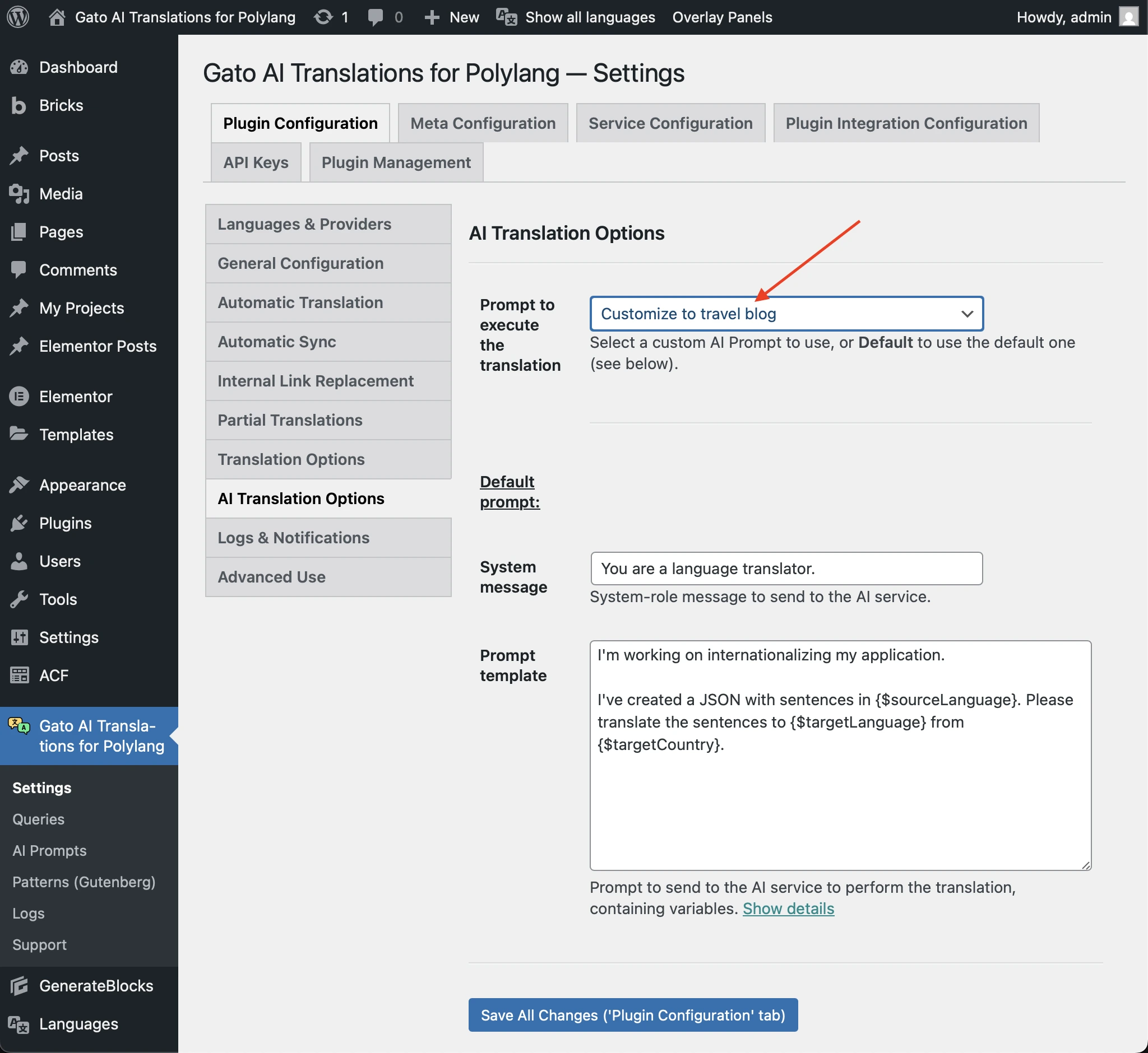 Seleccionando un AI Prompt en los Ajustes