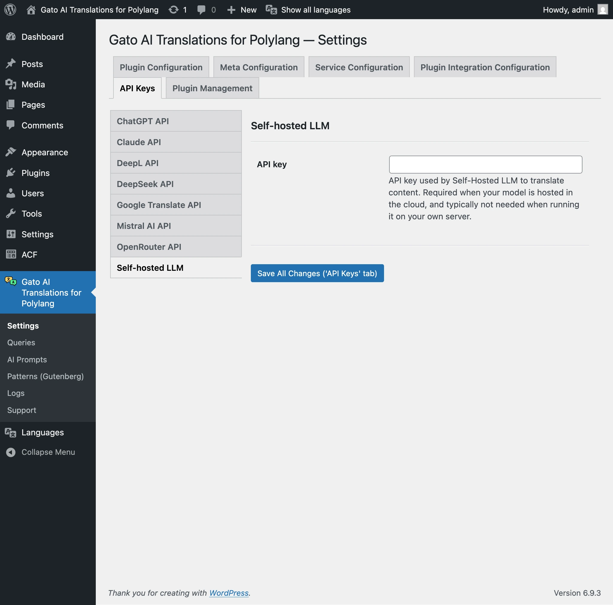Proporcionando la API key para un LLM auto-hospedado en los Ajustes
