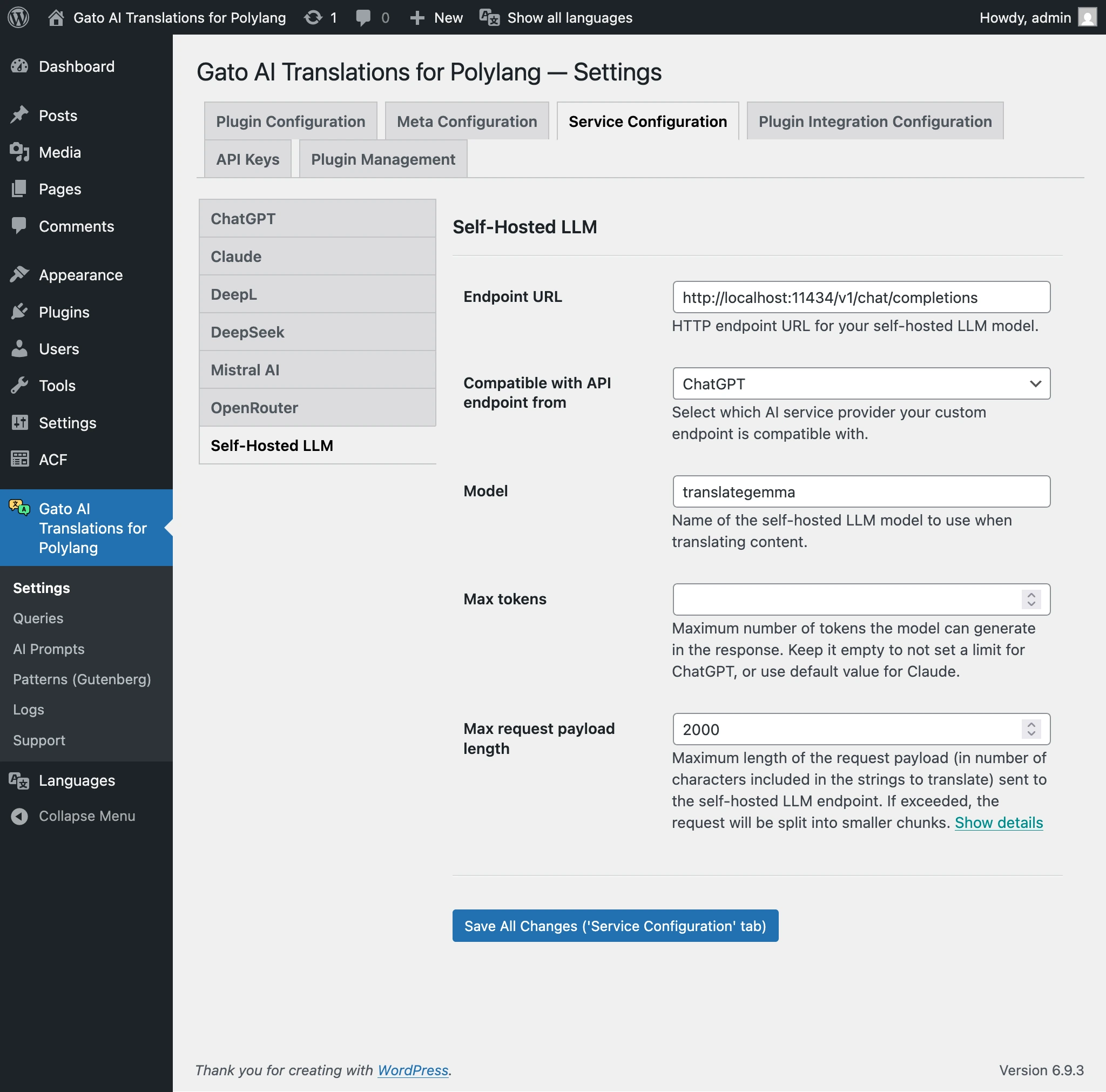 Configurando un LLM auto-hospedado en los Ajustes