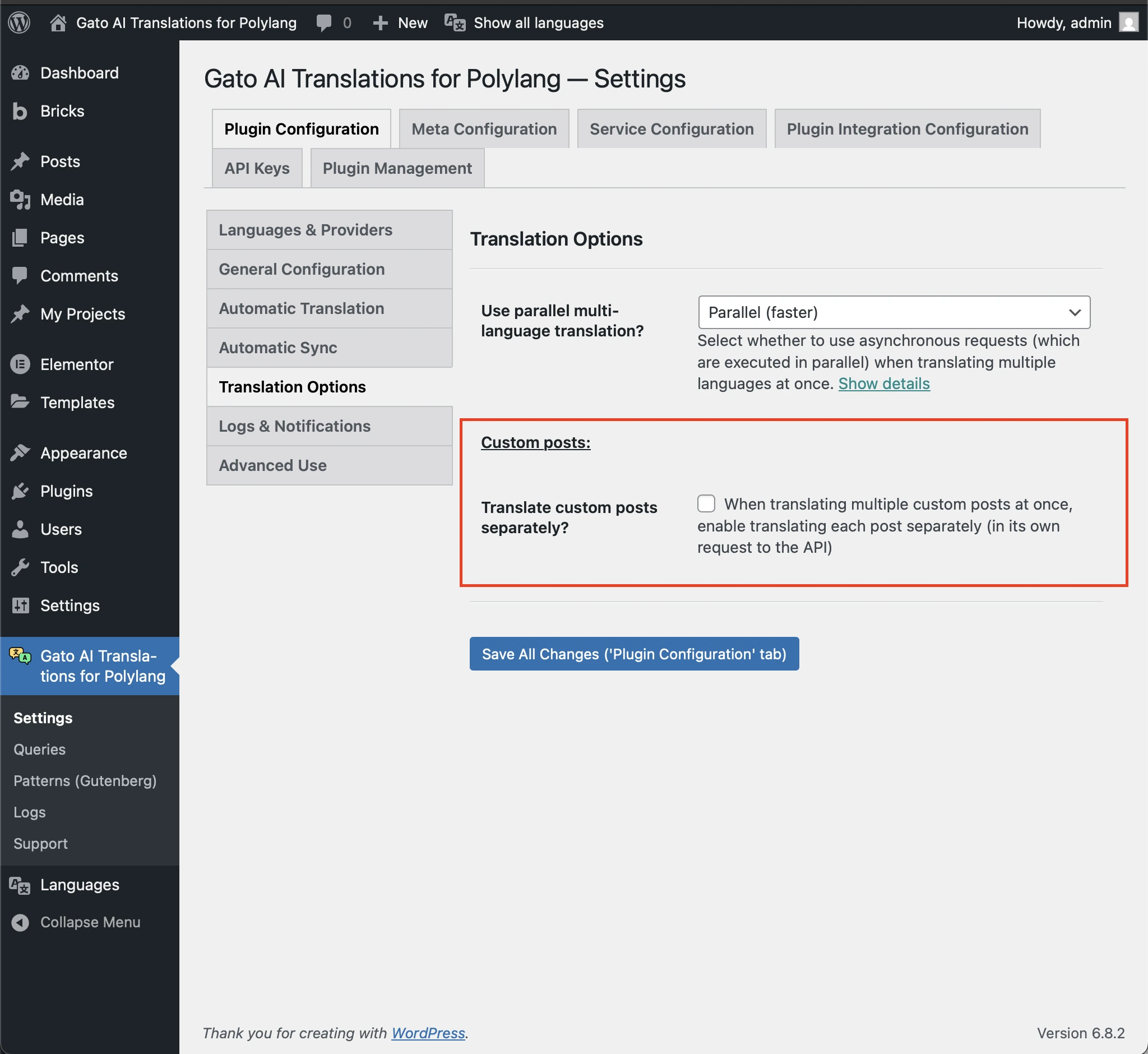 Opción 'Translate custom posts separately?' en los Ajustes