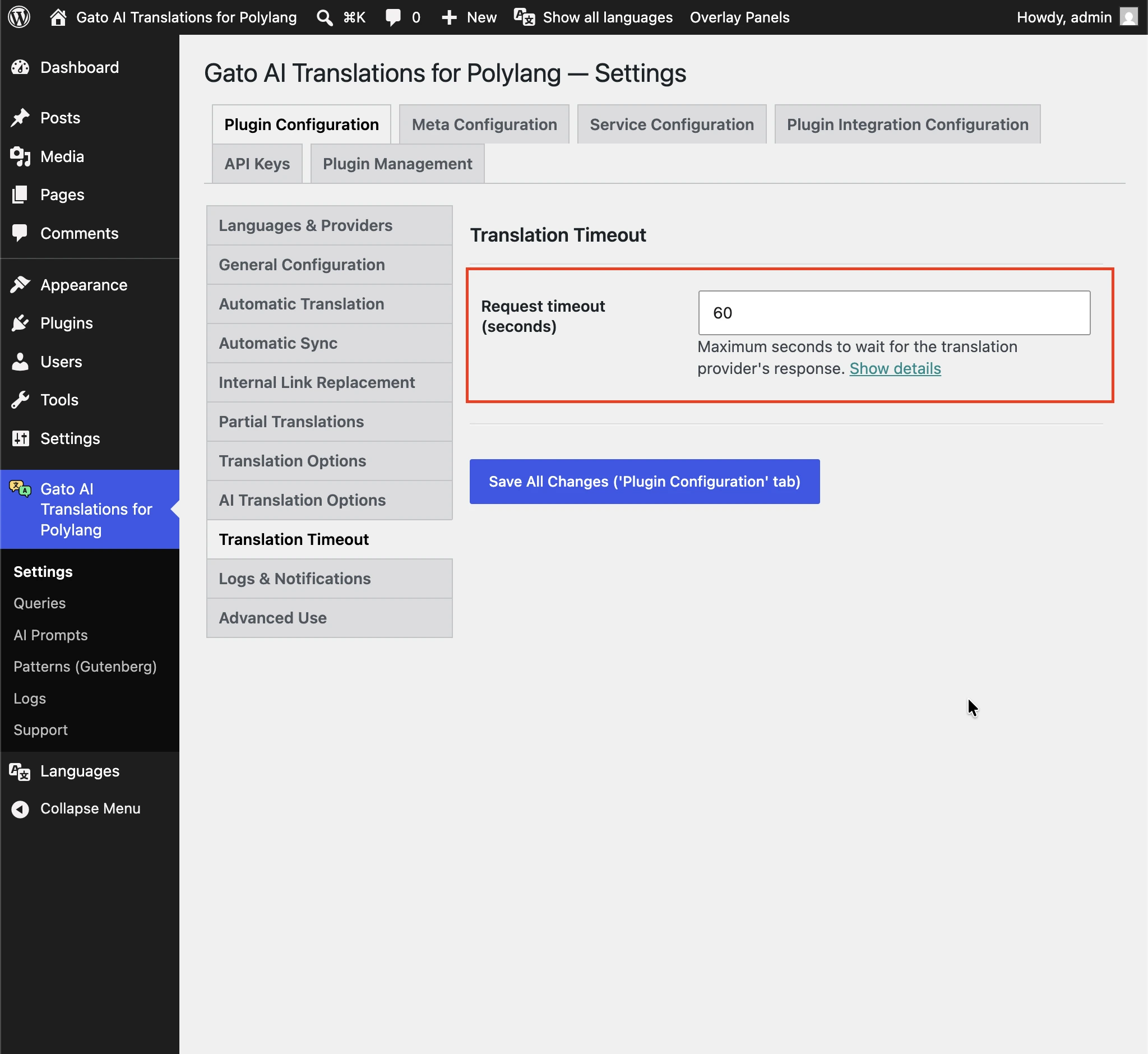 Configuración de la opción Translation Timeout