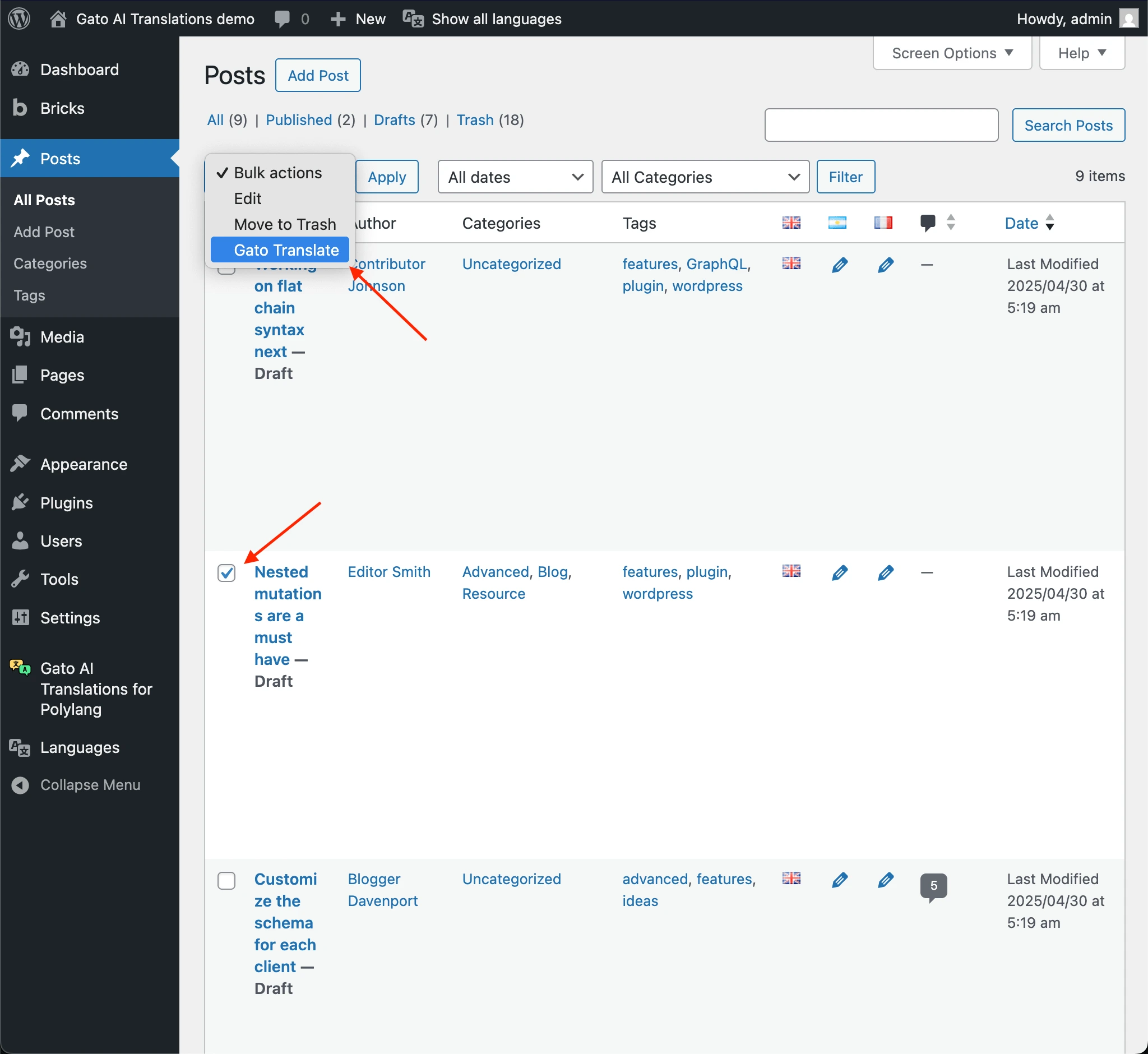 Traducir varias entradas a la vez mediante Bulk Actions → Gato Translate