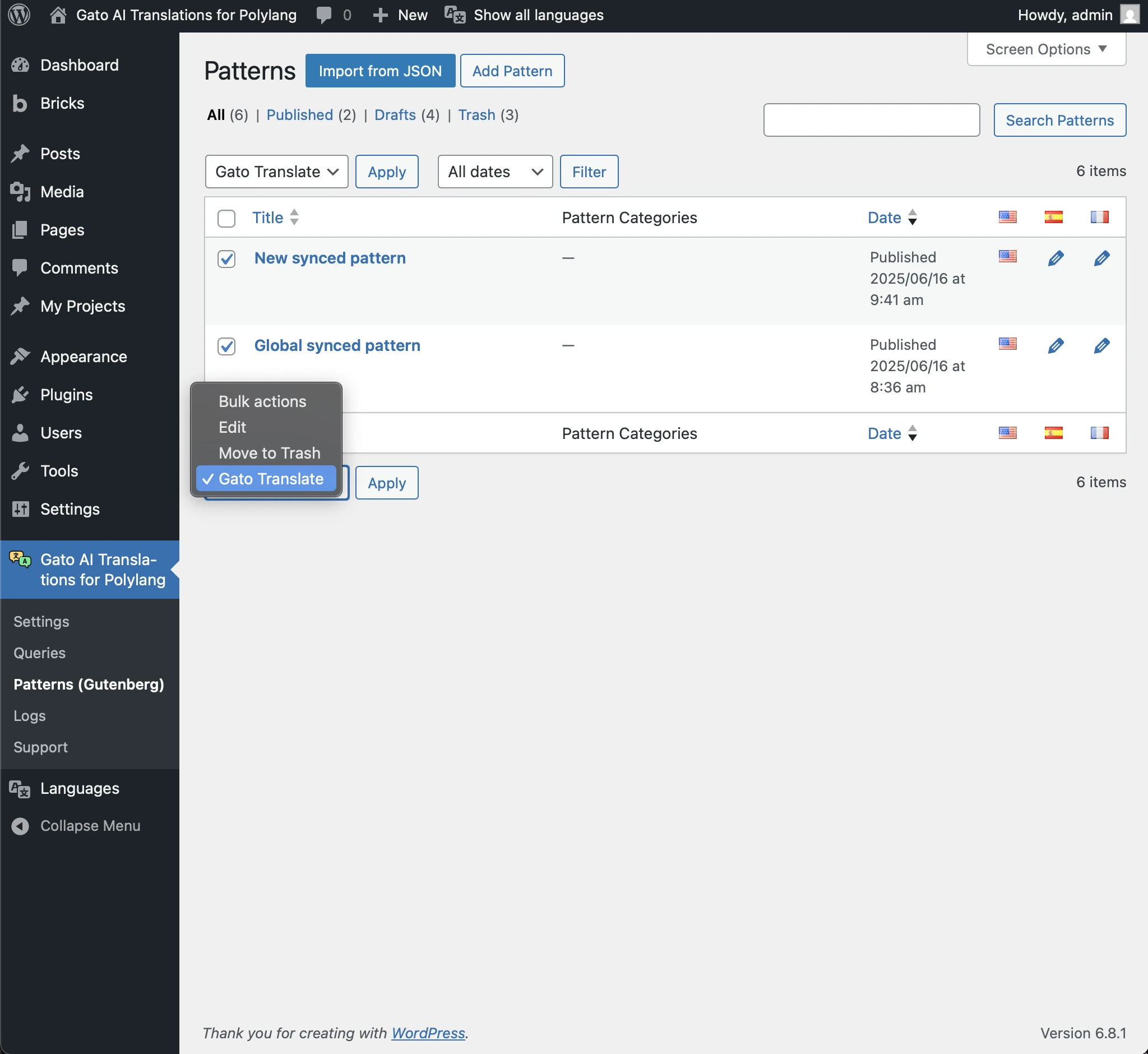 Traducir patrones mediante Bulk Actions