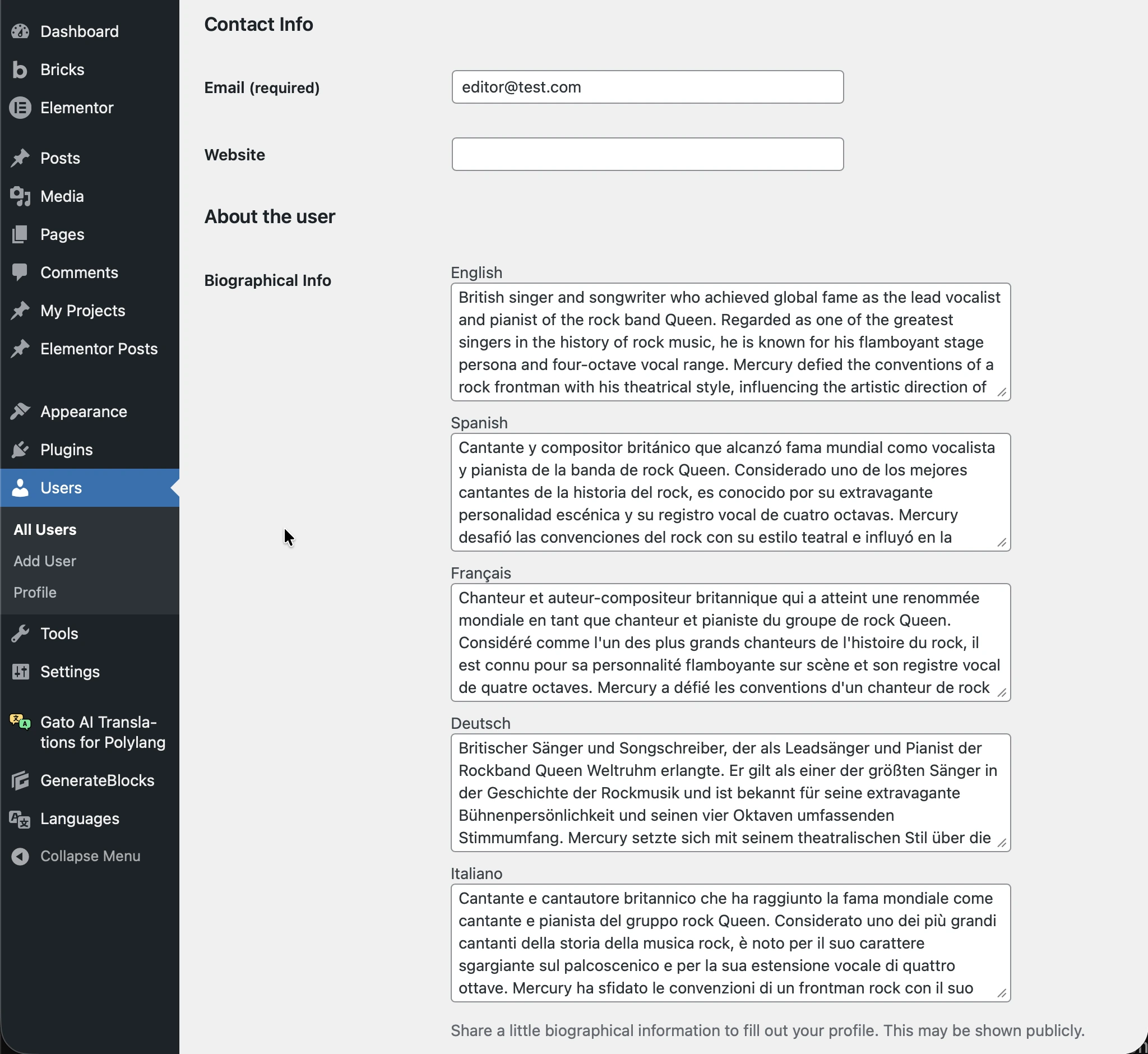 Perfil de usuario con descripción traducida