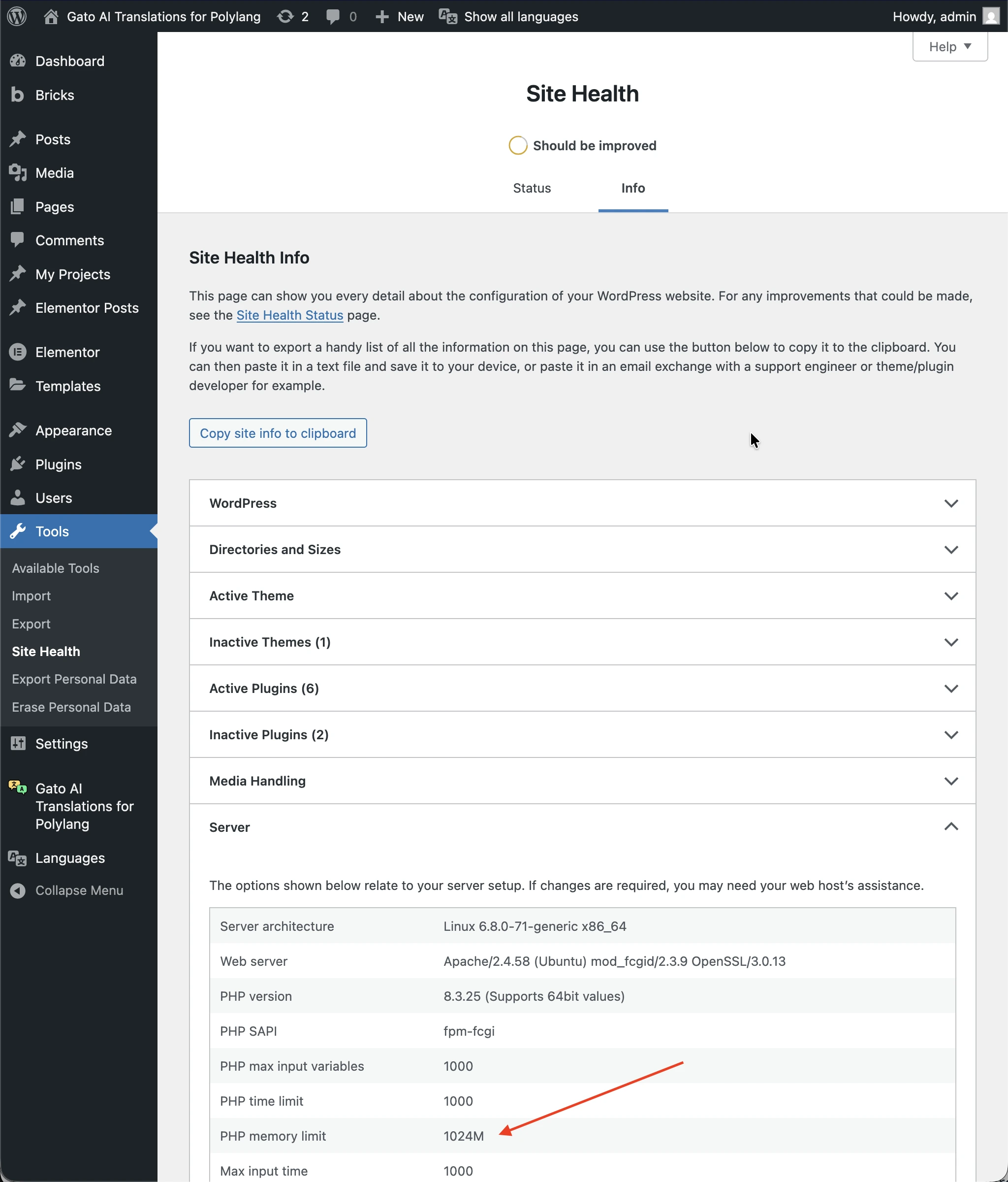 Comprobando el límite de memoria PHP en Salud del sitio de WordPress