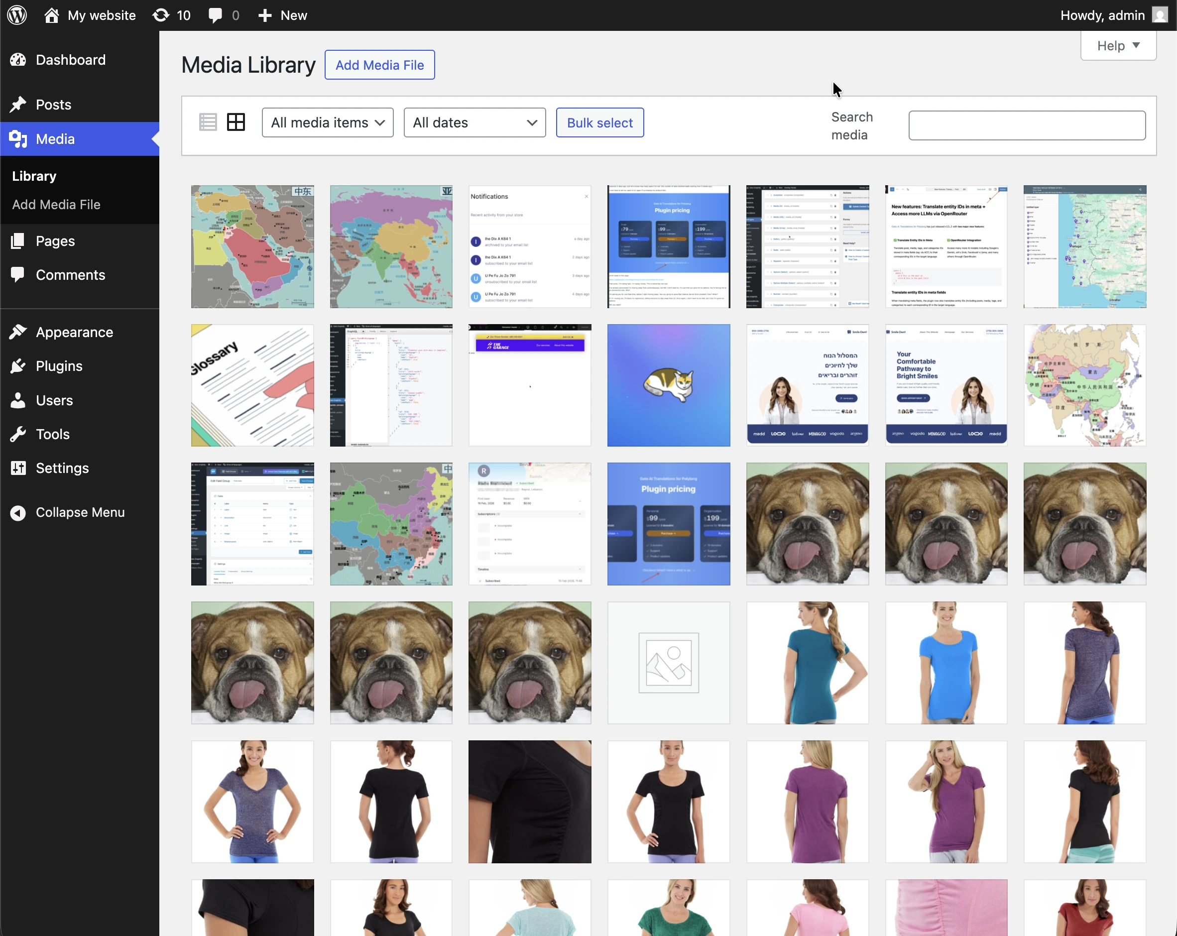Media Library de WordPress en layout Grid
