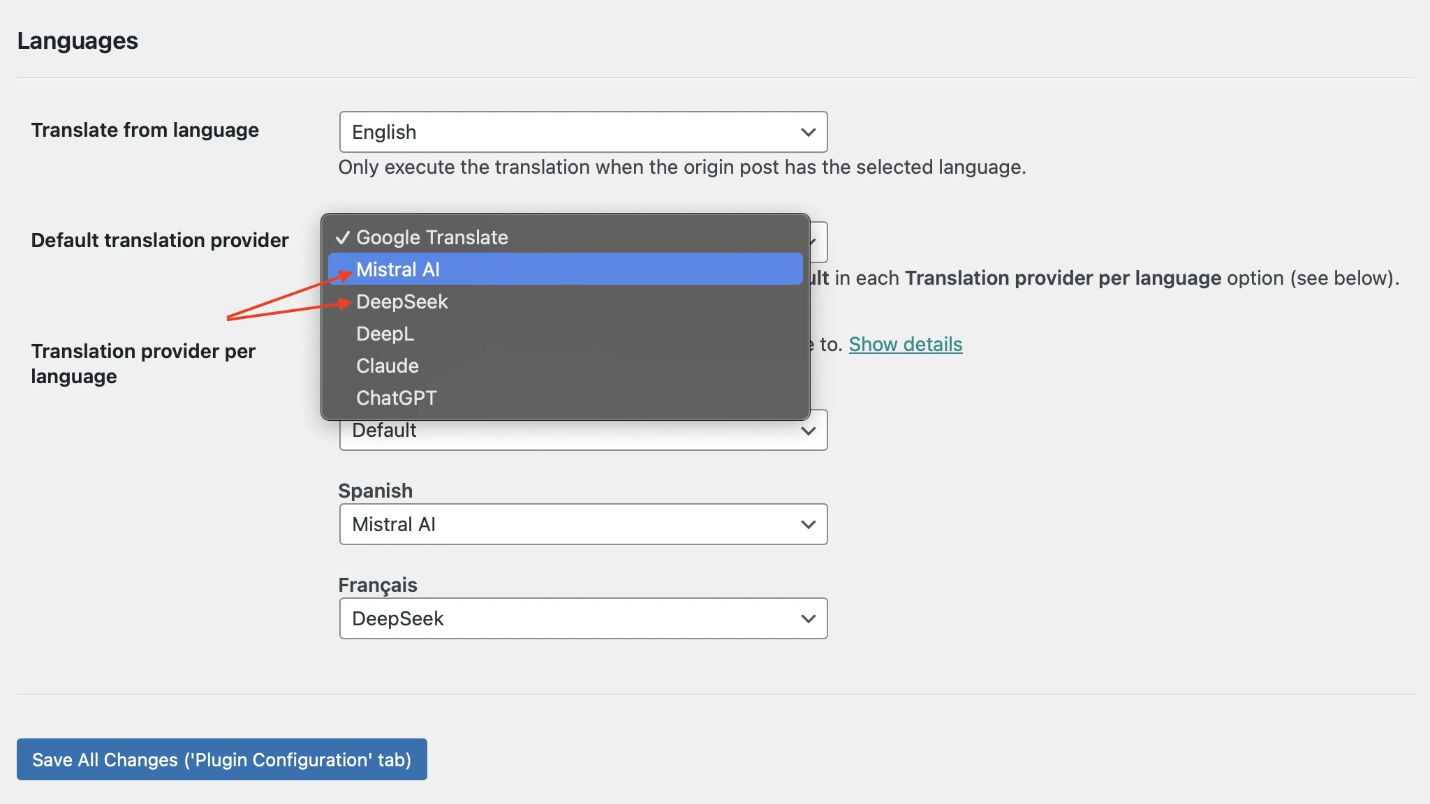 Seleccionando el proveedor para cada idioma