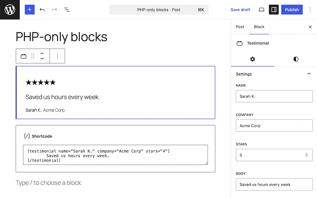 Ejemplo de bloque personalizado de WordPress creado solo con PHP