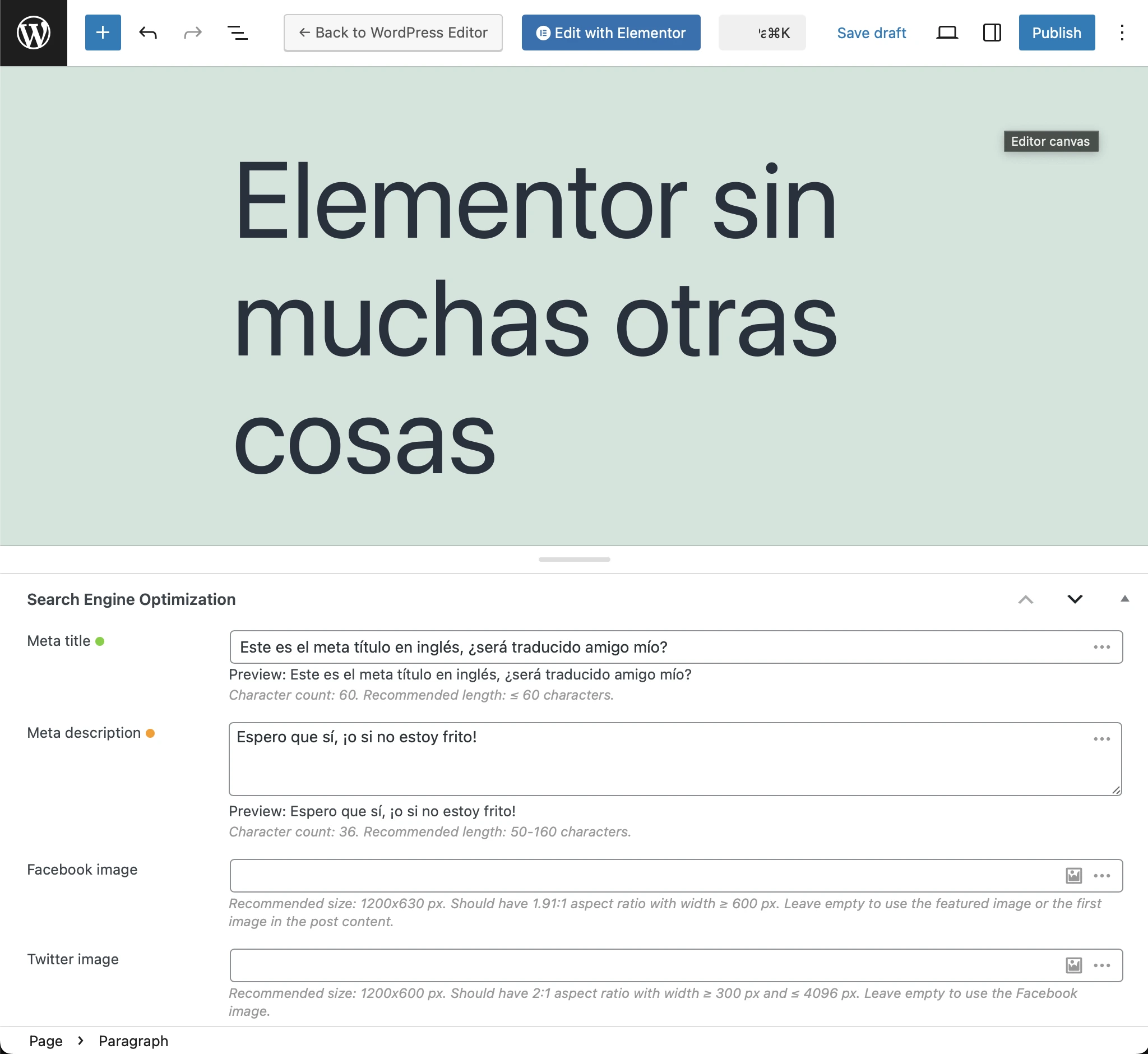 Página traducida al español, con meta de Slim SEO traducido