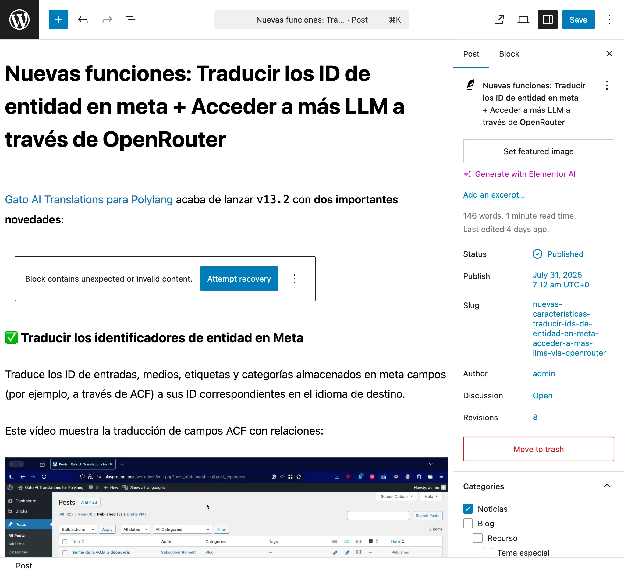 Bloque corrupto mostrando el mensaje de contenido inválido