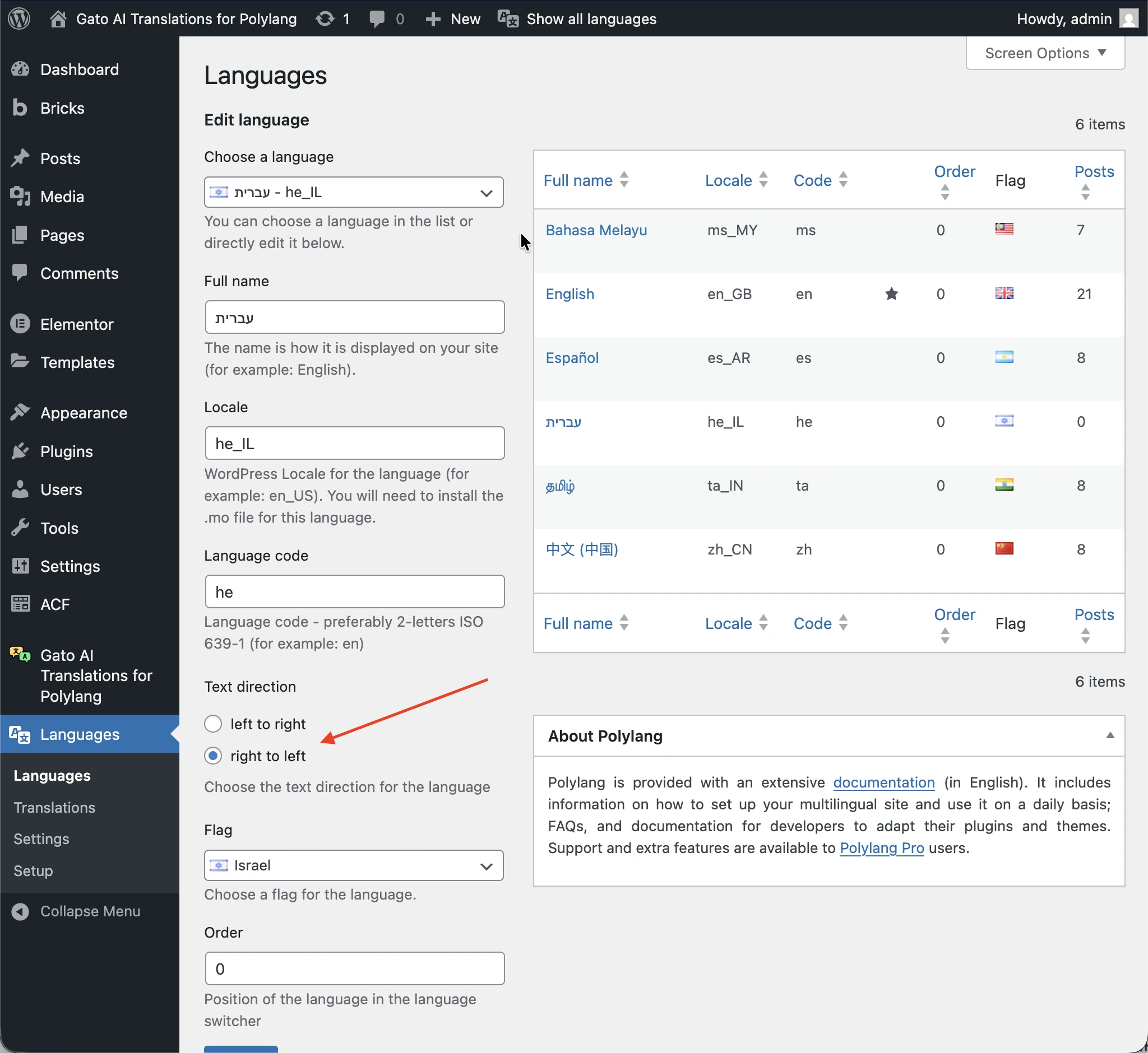 Configuración de idiomas de Polylang mostrando idiomas RTL