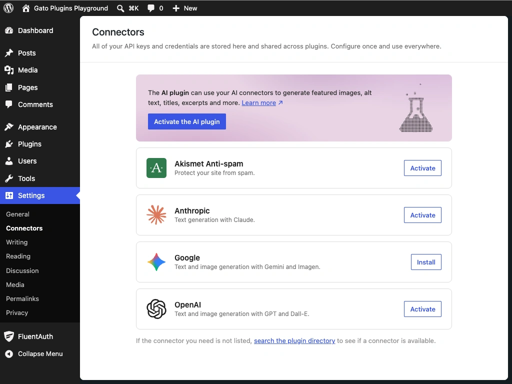 Pantalla de administración de los conectores de IA de WordPress