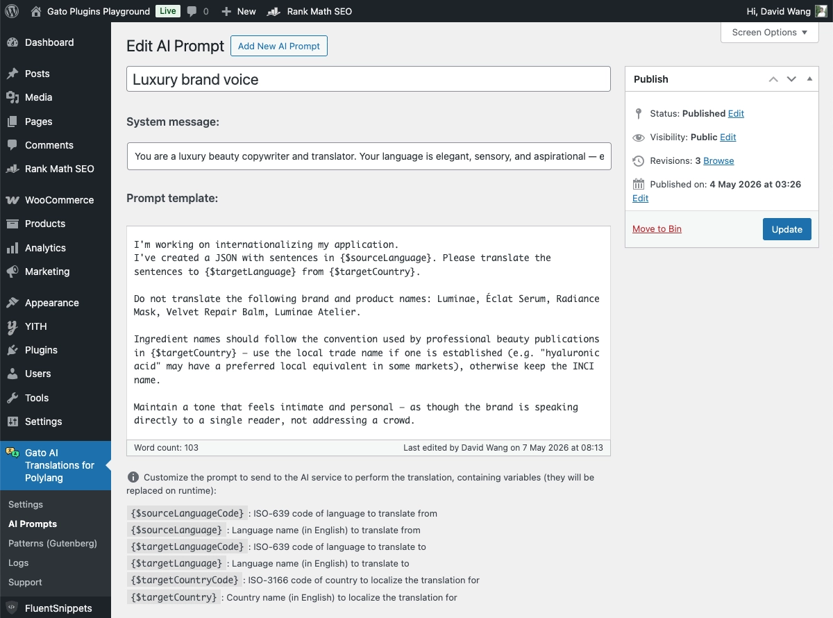 Editor de prompt personalizado en Gato AI Translations