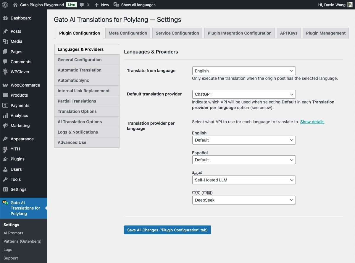 Configuración de selección de proveedor de Gato AI Translations